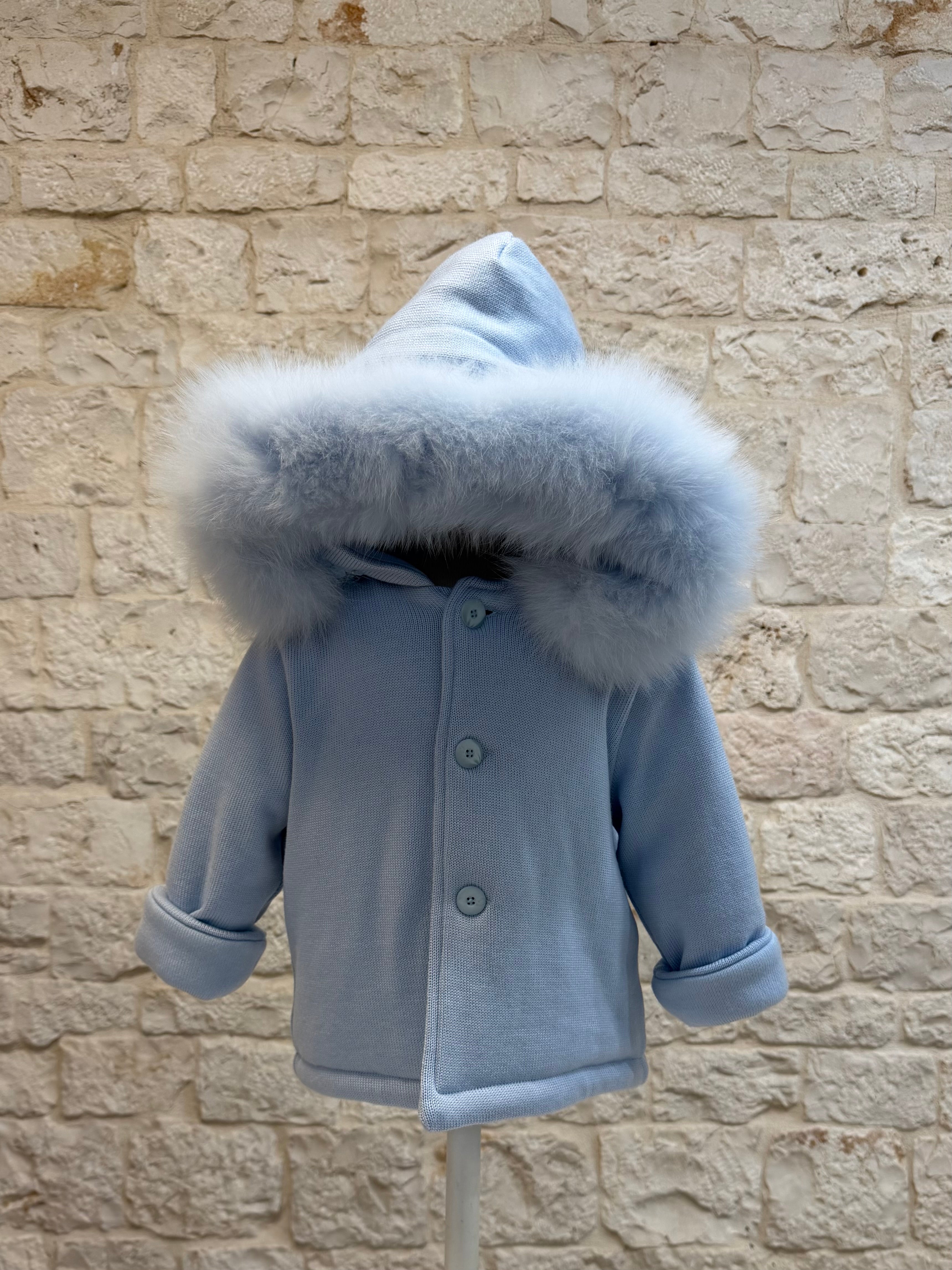 Cappottino Neonato 100% Lana Bimbaló Cielo - Con Cappuccio Pelliccia | VIA32