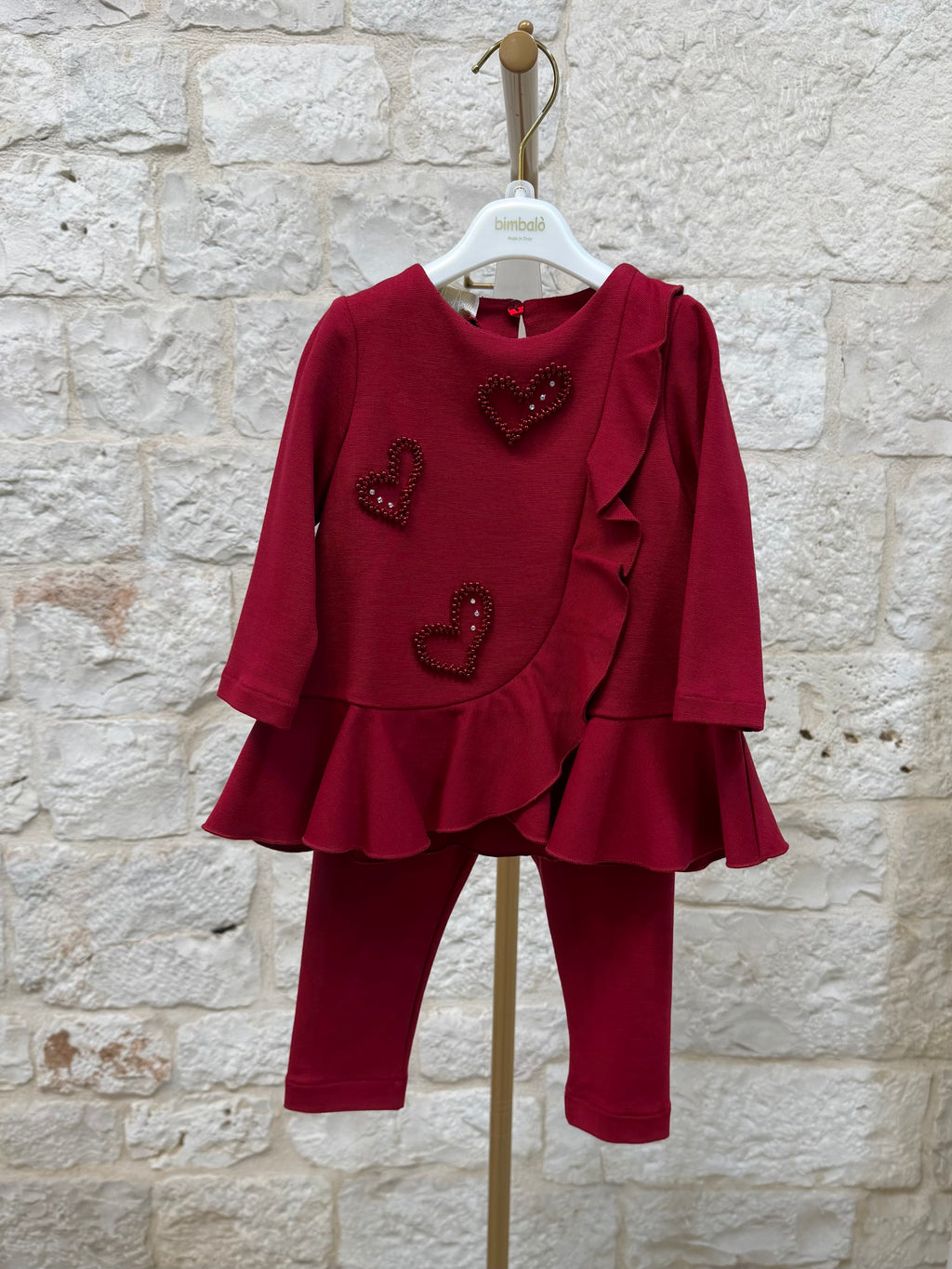 Completino Bimba Bimbaló Rosso - Maglia e Leggins con Cuori | VIA32
