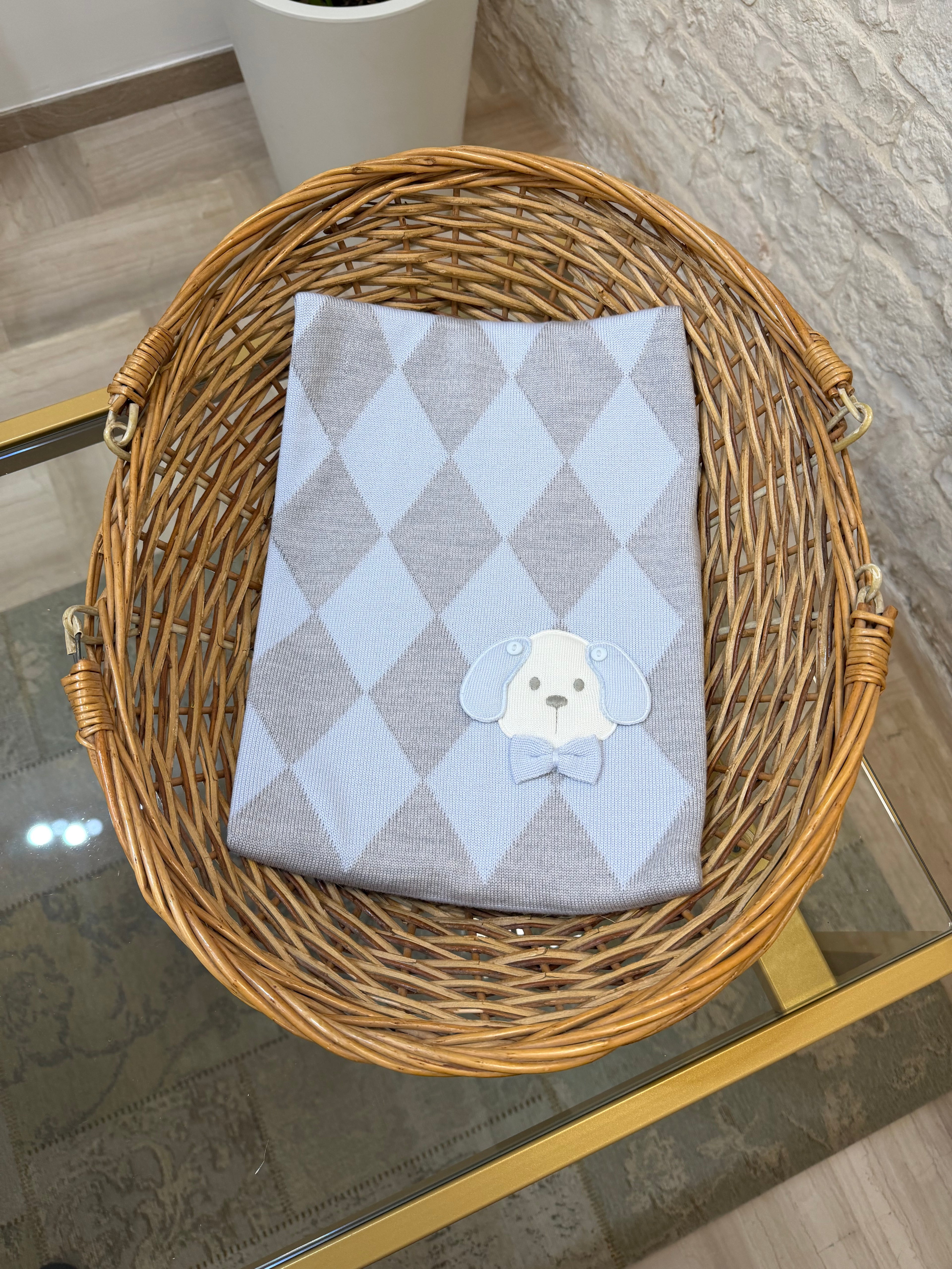 Copertina Neonato Bimbaló Cielo e Grigia a Rombi - Con Cagnolino | VIA32