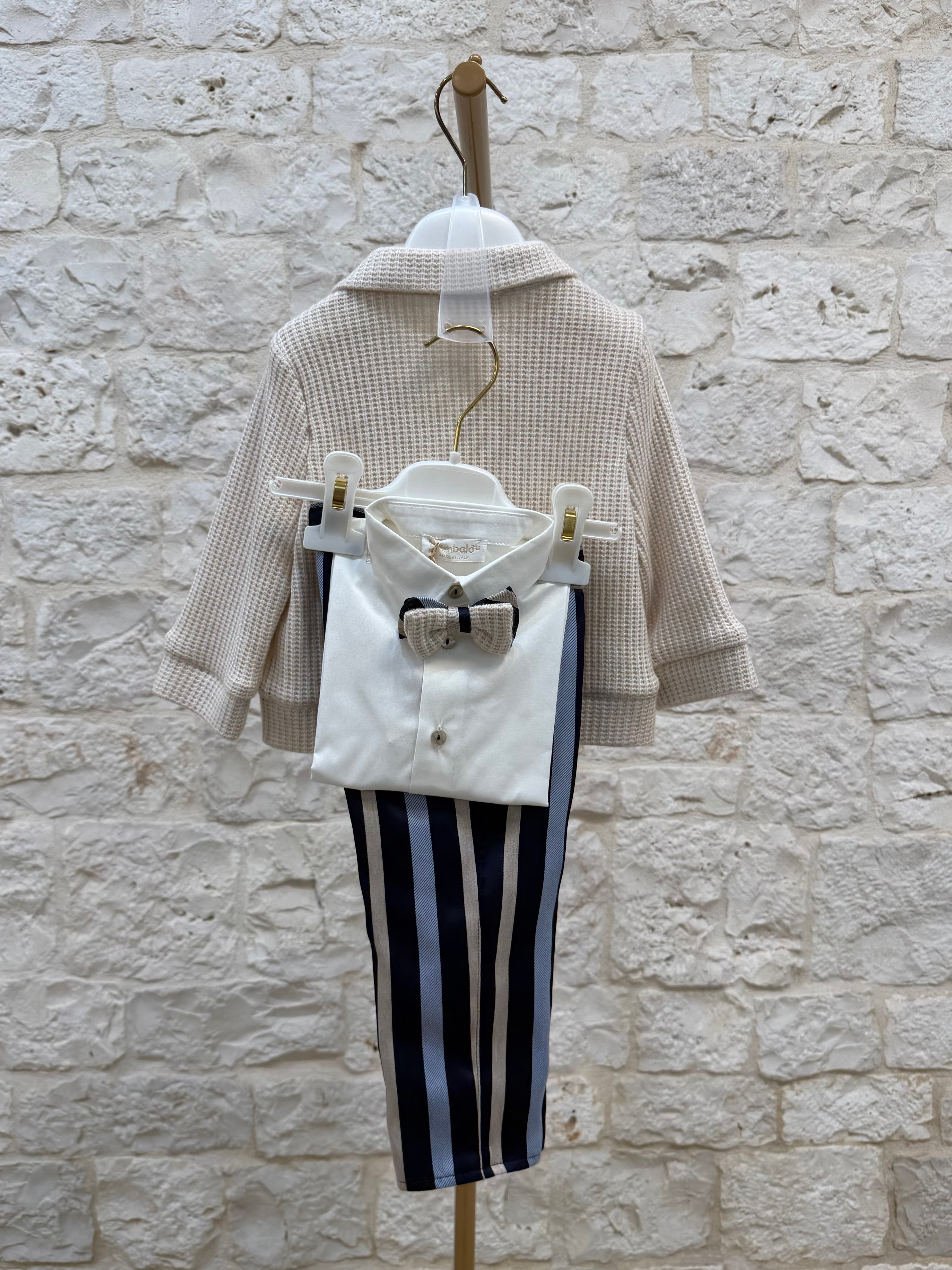 Completino Bimbo Bimbaló Beige con Righe - Cardigan Camicia Pantalone | VIA32