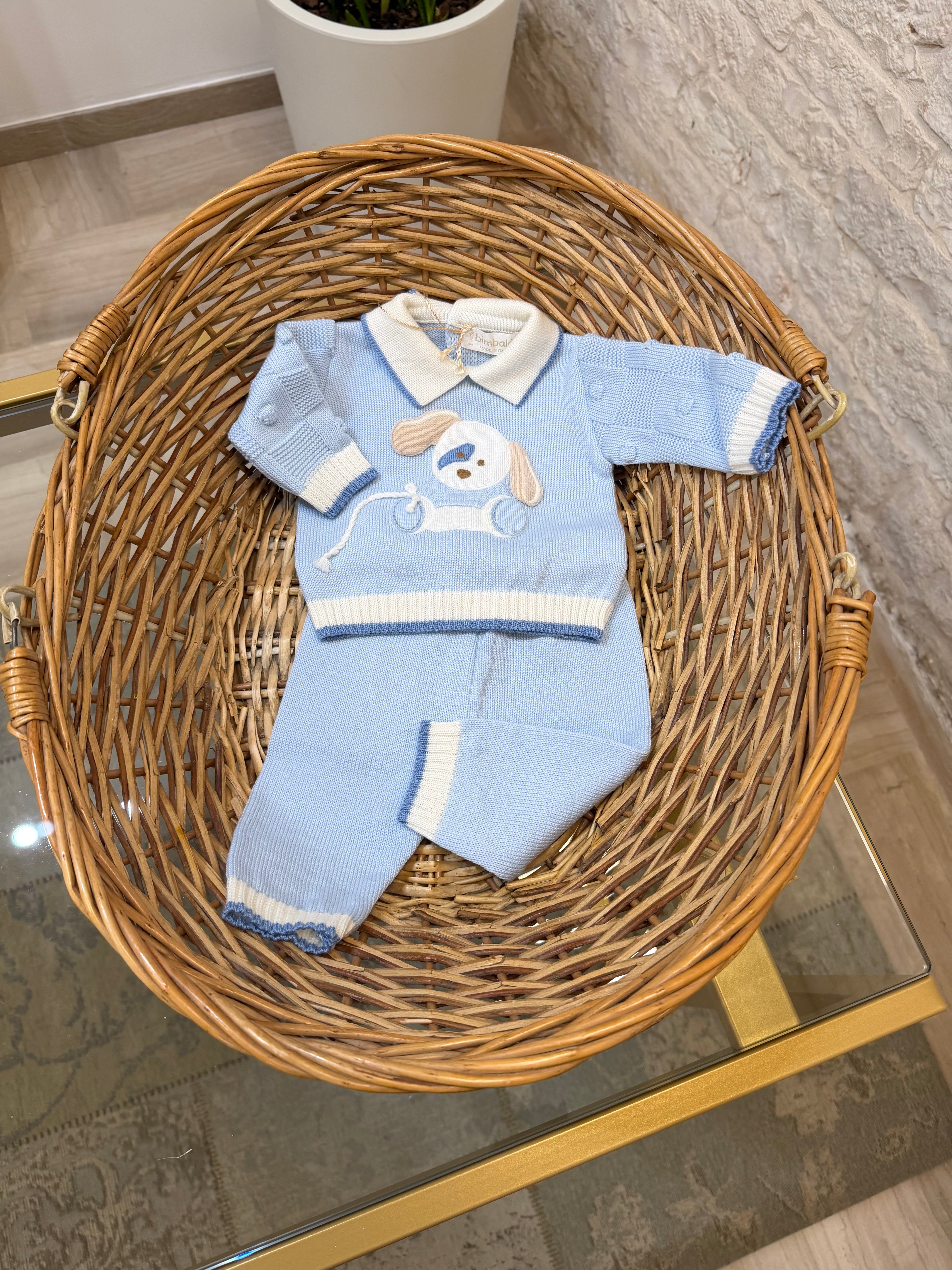 Tutina Neonato 100% Lana Bimbaló Azzurra - Set 2 Pezzi con Cagnolino | VIA32