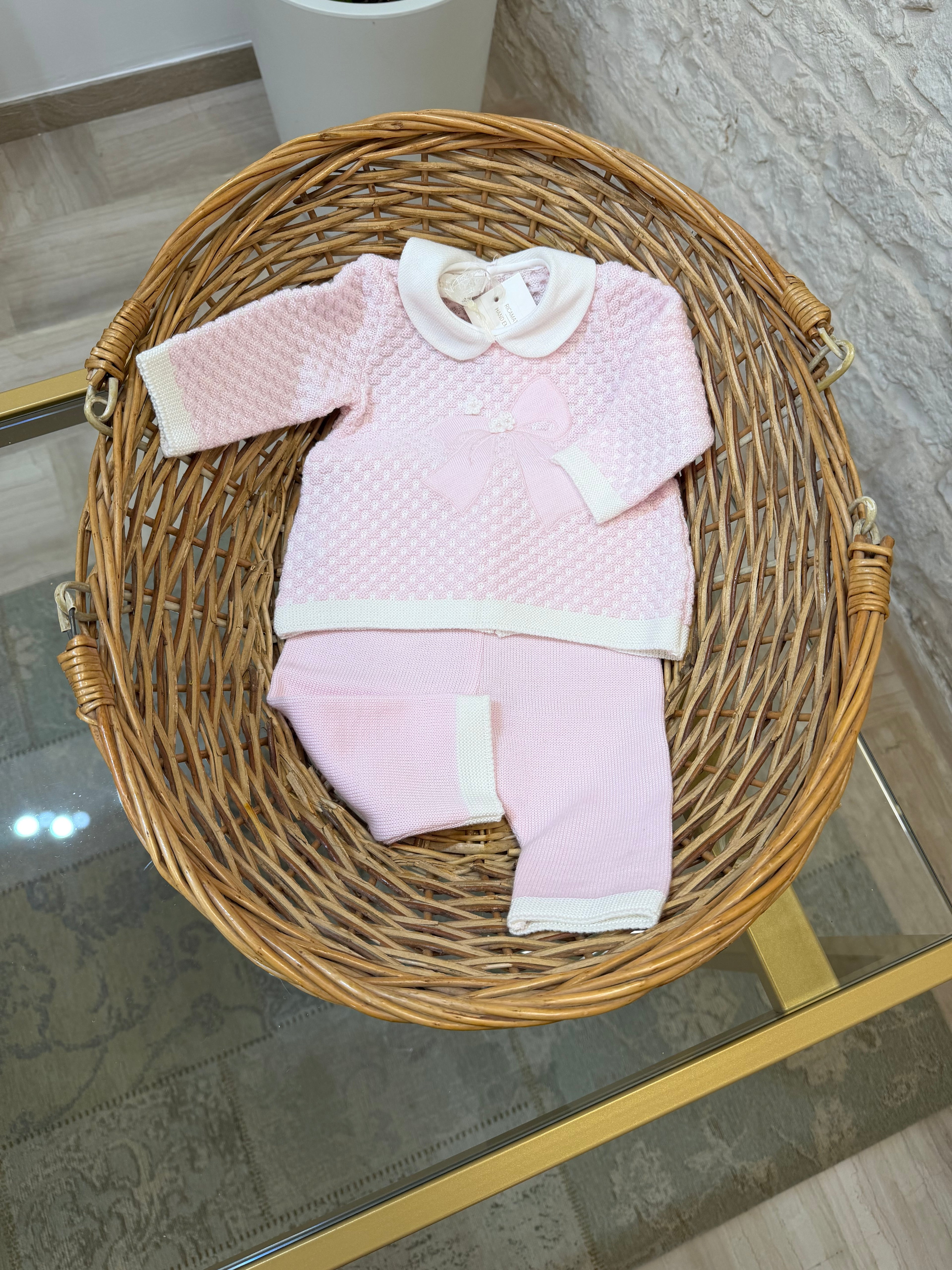 Completino Neonata 100% Lana Bimbaló Rosa - Set 2 Pezzi con Fiocco | VIA32