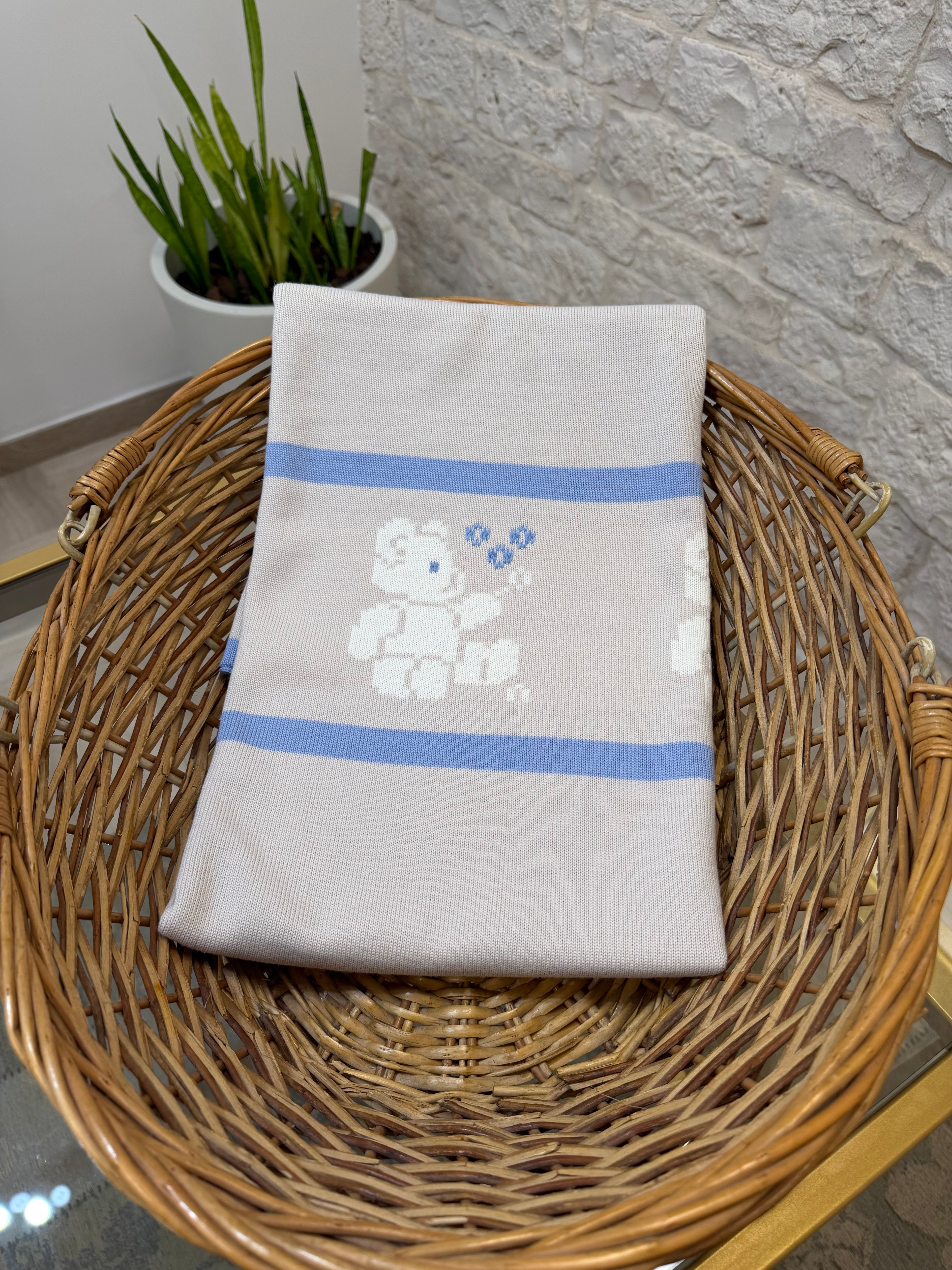 Copertina Neonato in Lana Bimbaló Beige e Azzurra con Orsetti - Morbida | VIA32