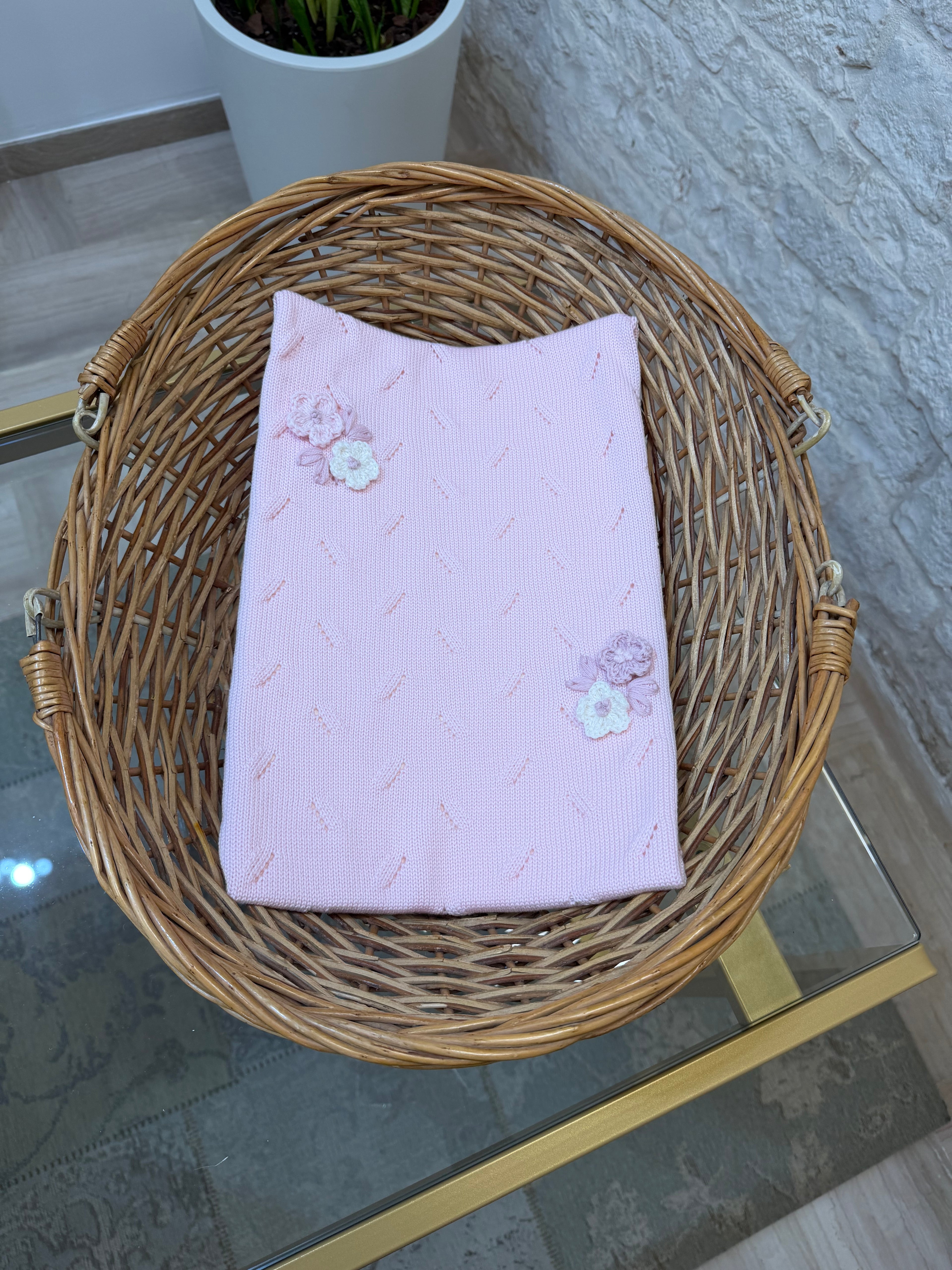 Copertina Neonata 100% Lana Bimbaló Rosa con Fiori - Morbida e Calda | VIA32
