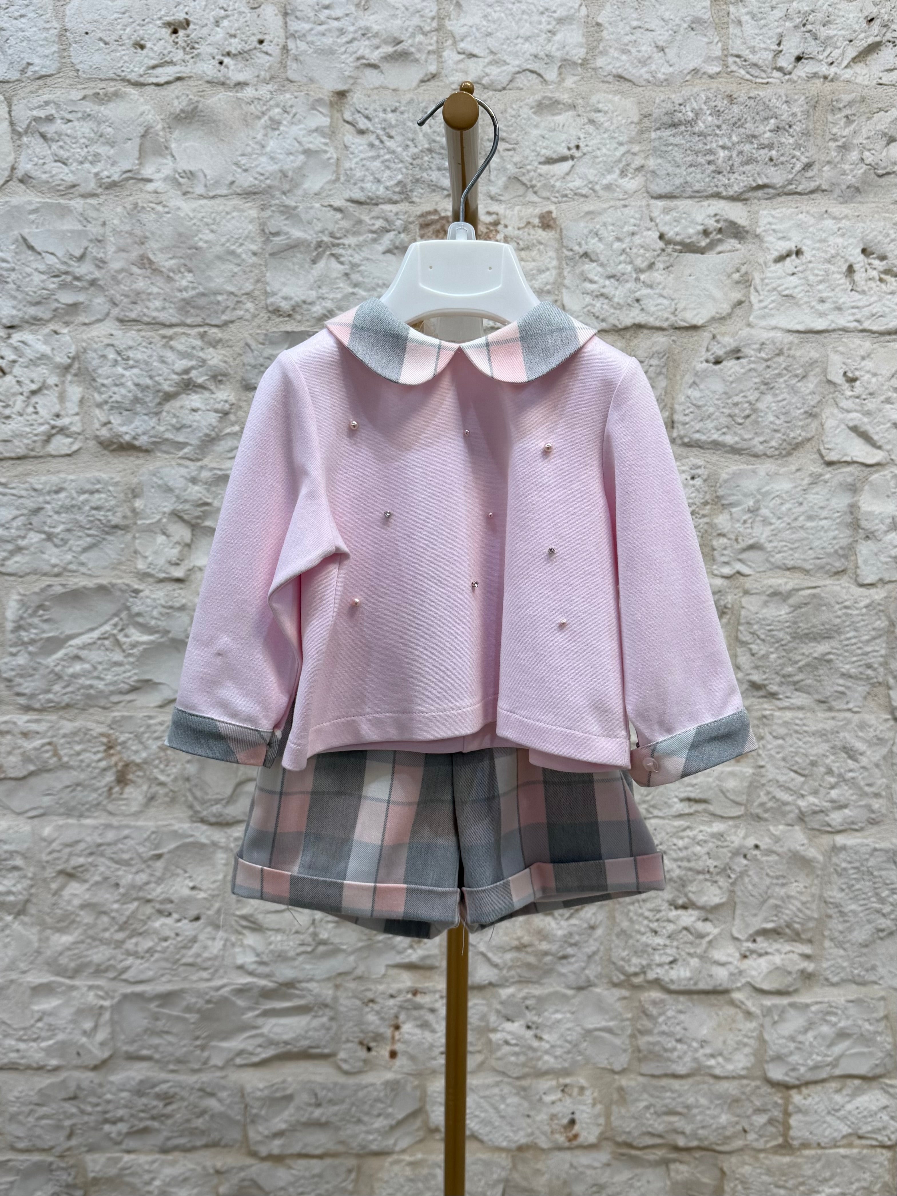 Completino Bimba Bimbaló Rosa a Quadri - Maglia con Perline e Pantaloncino | VIA32