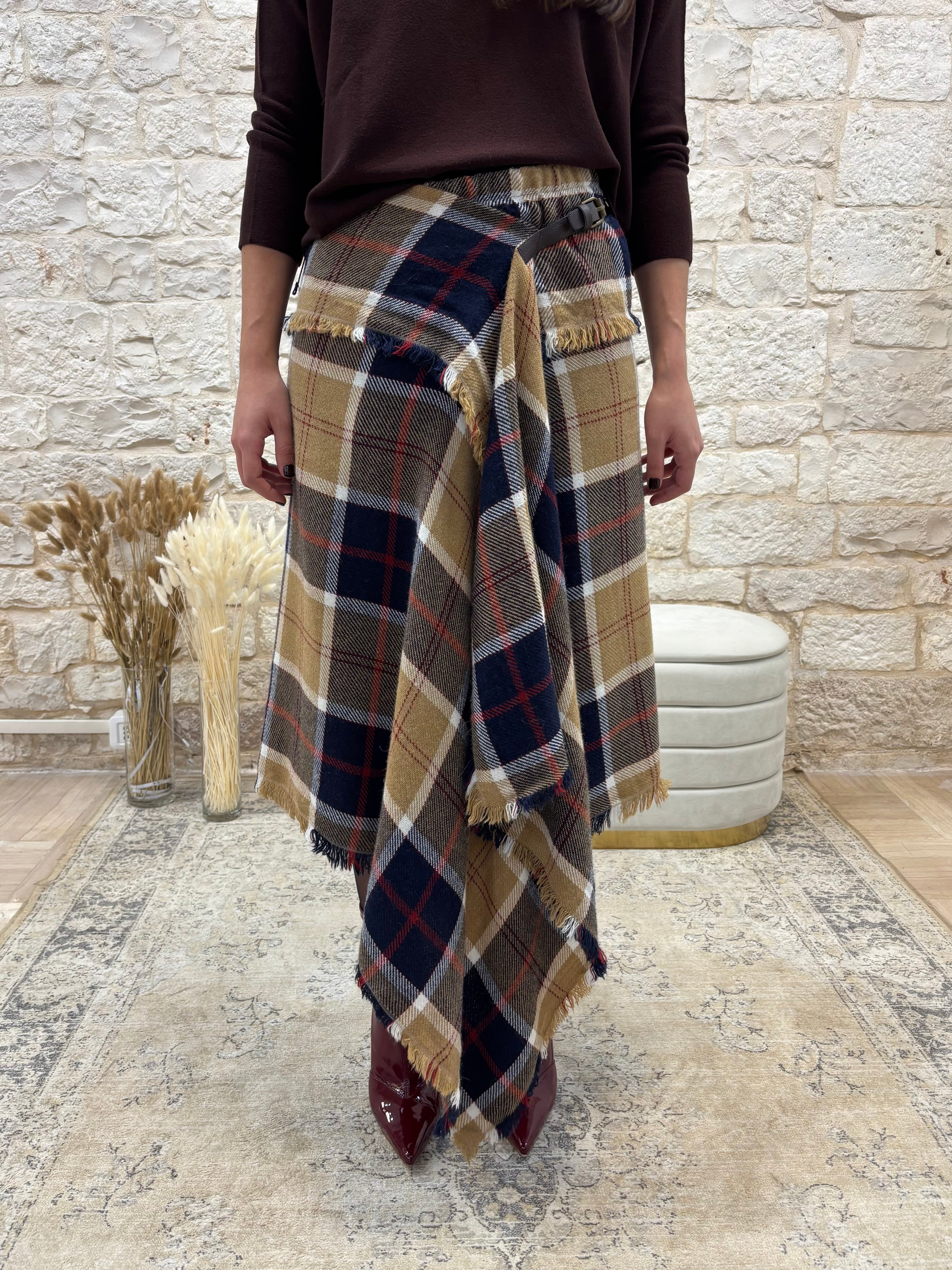 Gonna a Quadri Irregolare Souvenir - Elasticizzata Toni Caldi | VIA32