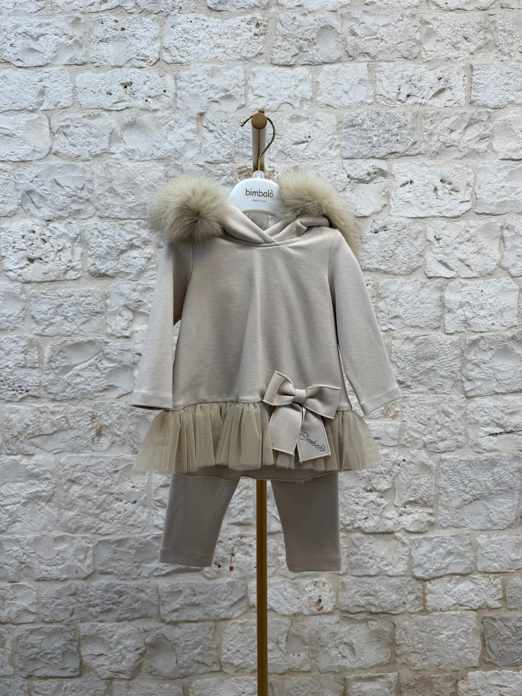 Completino Bimba Bimbaló Beige - Felpa con Cappuccio e Leggins | VIA32