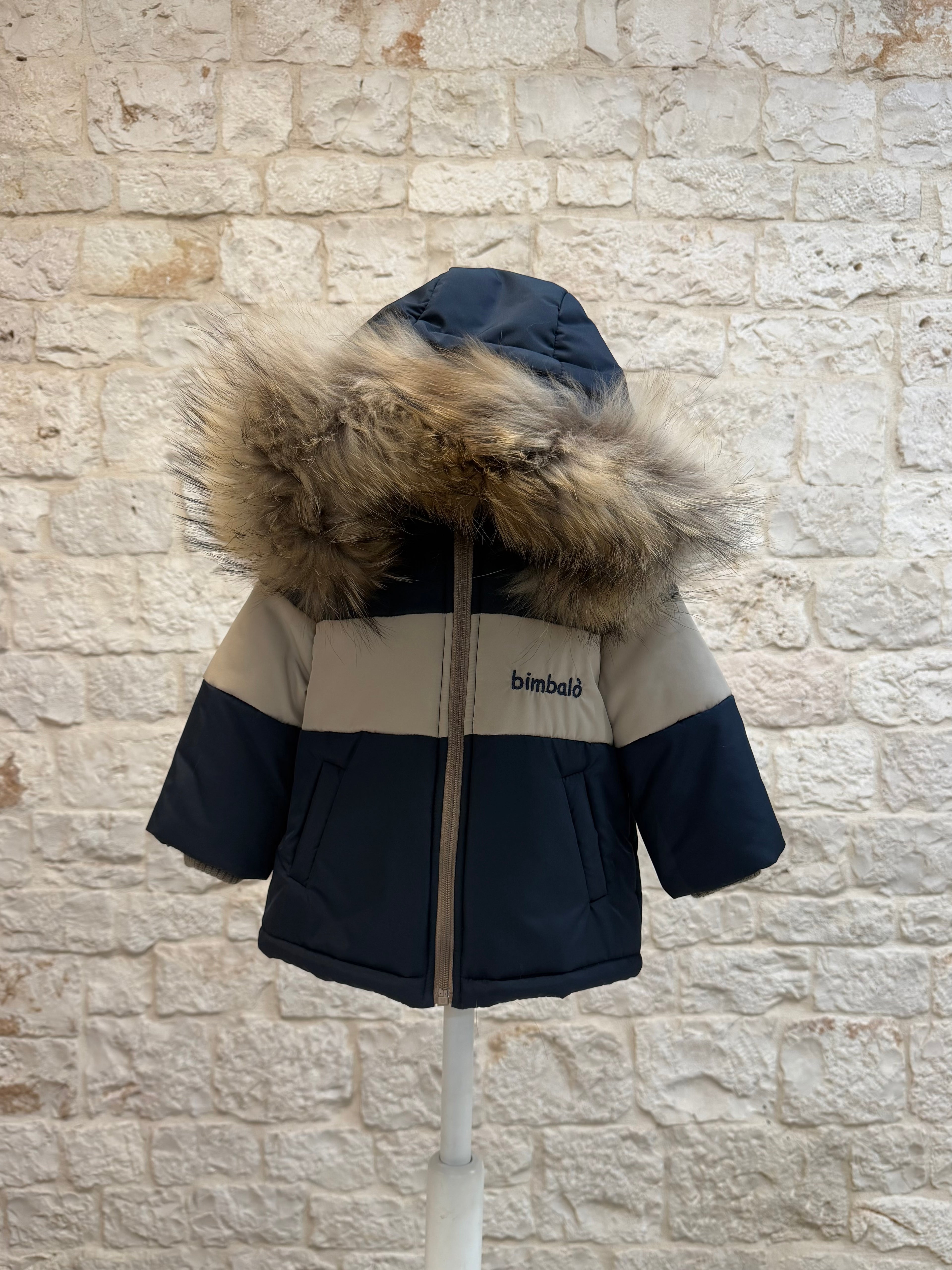 Piumino Bimbo Bimbaló Blu e Tortora con Scritta - Con Pelliccia | VIA32