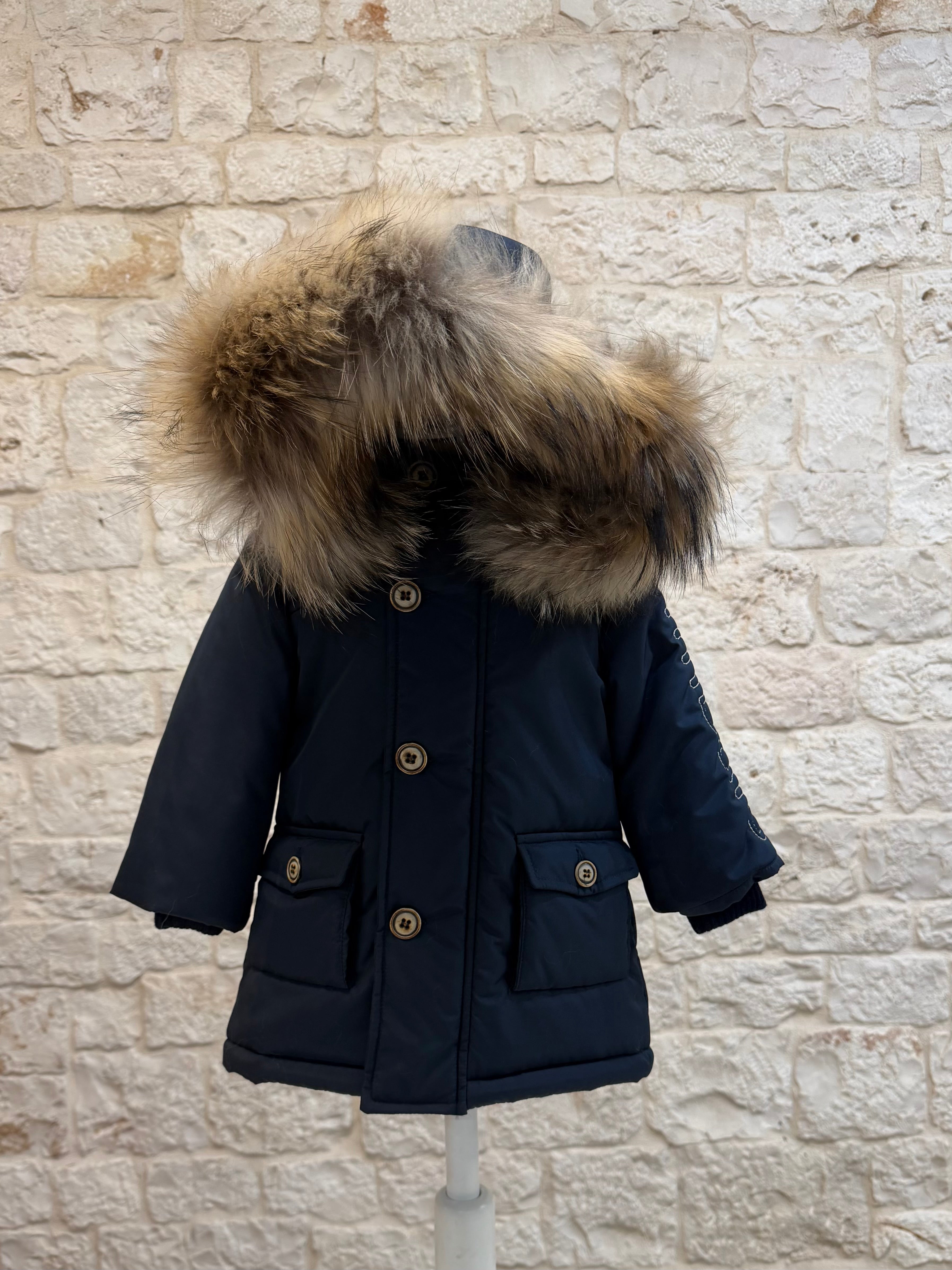 Piumino Bimbo Bimbaló Blu con Pelliccia e Scritta - Caldo | VIA32