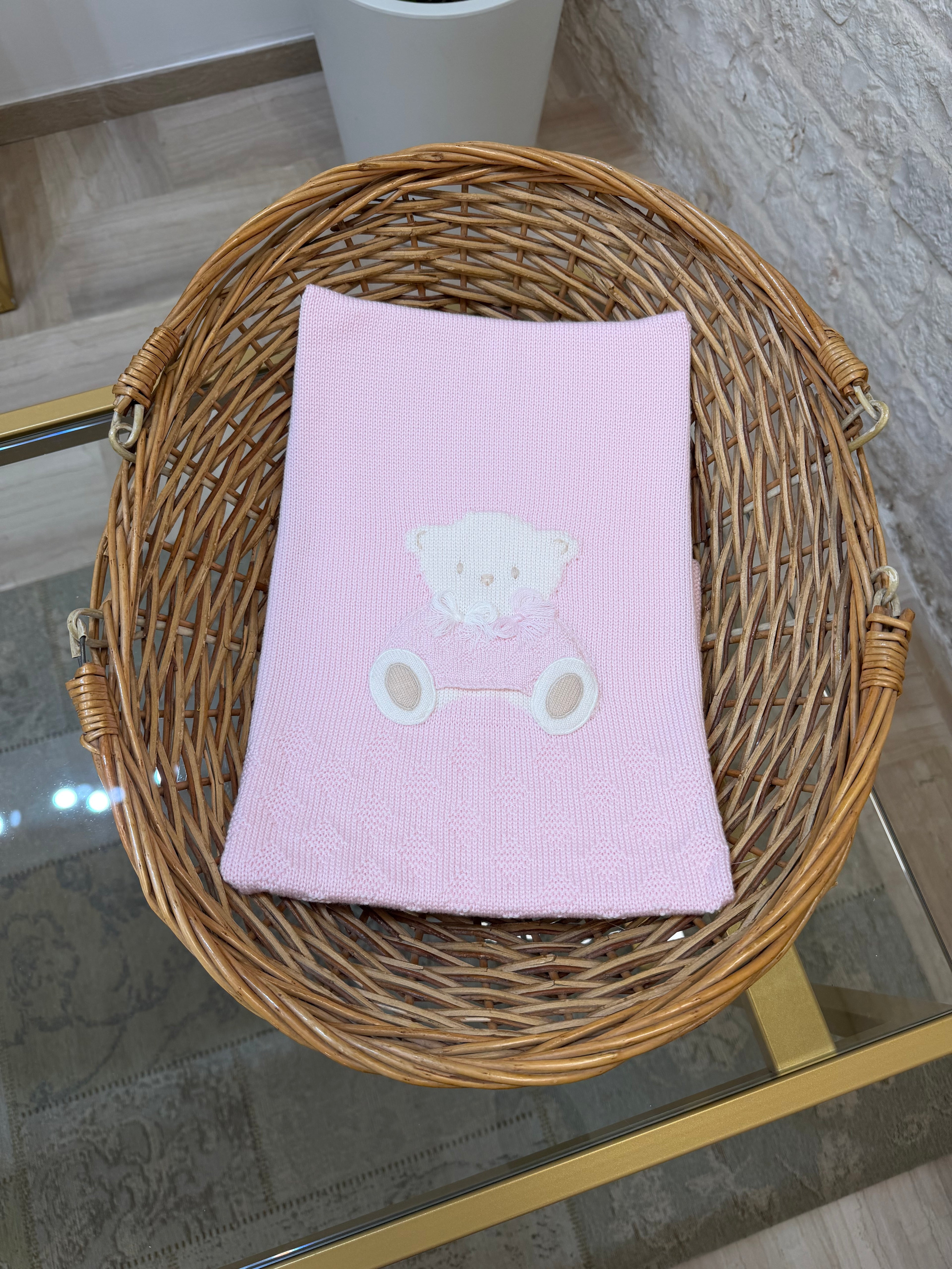 Copertina Neonata 100% Lana Bimbaló Rosa con Orsetto - Morbida | VIA32