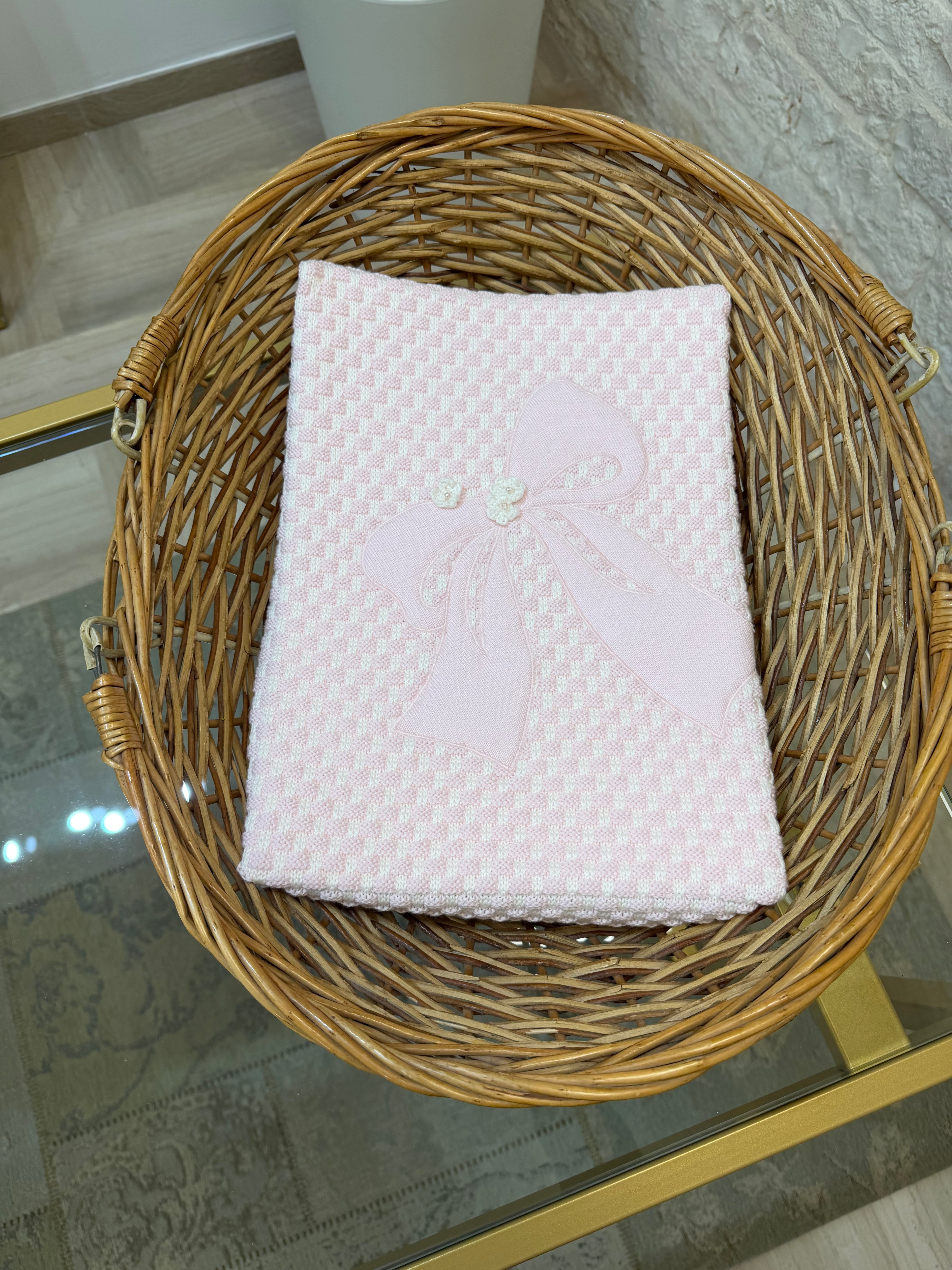 Copertina Neonata 100% Lana Bimbaló Rosa con Fiocchetto - Morbida | VIA32