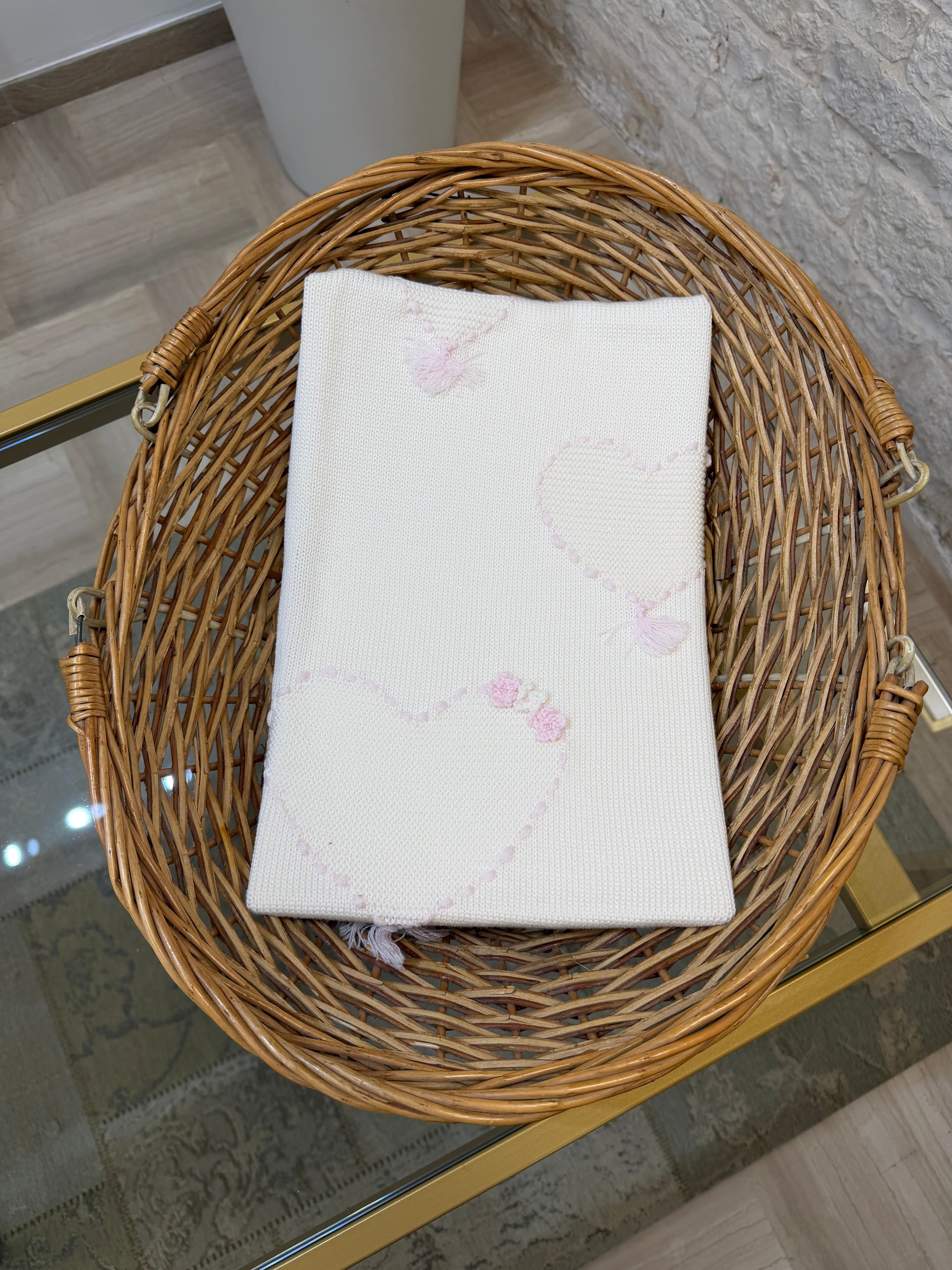 Copertina Neonata 100% Lana Bimbaló Panna con Dettagli Rosa - Morbida | VIA32