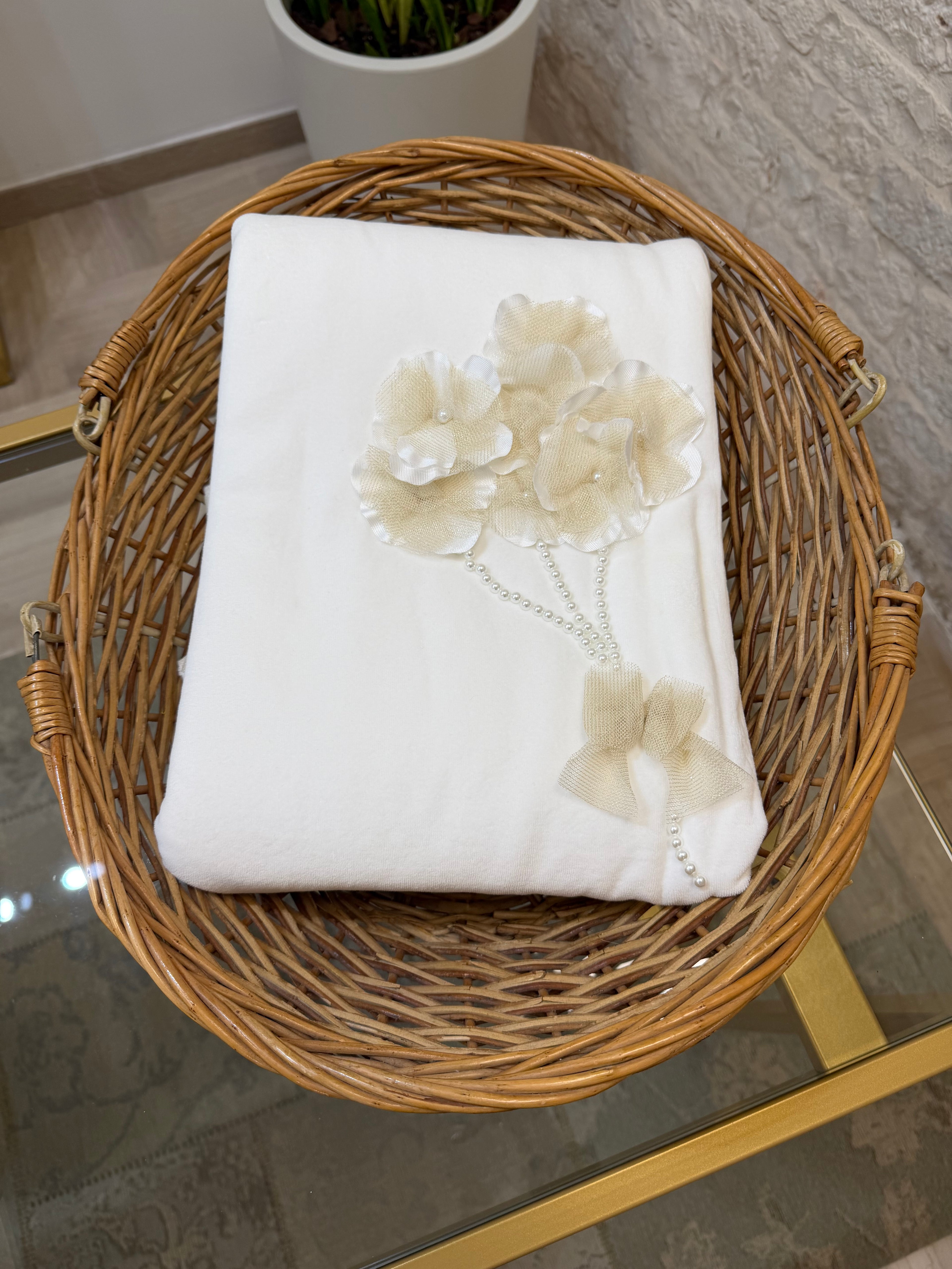 Copertina Neonata in Ciniglia Bimbaló Bianca con Dettagli Dorati | VIA32