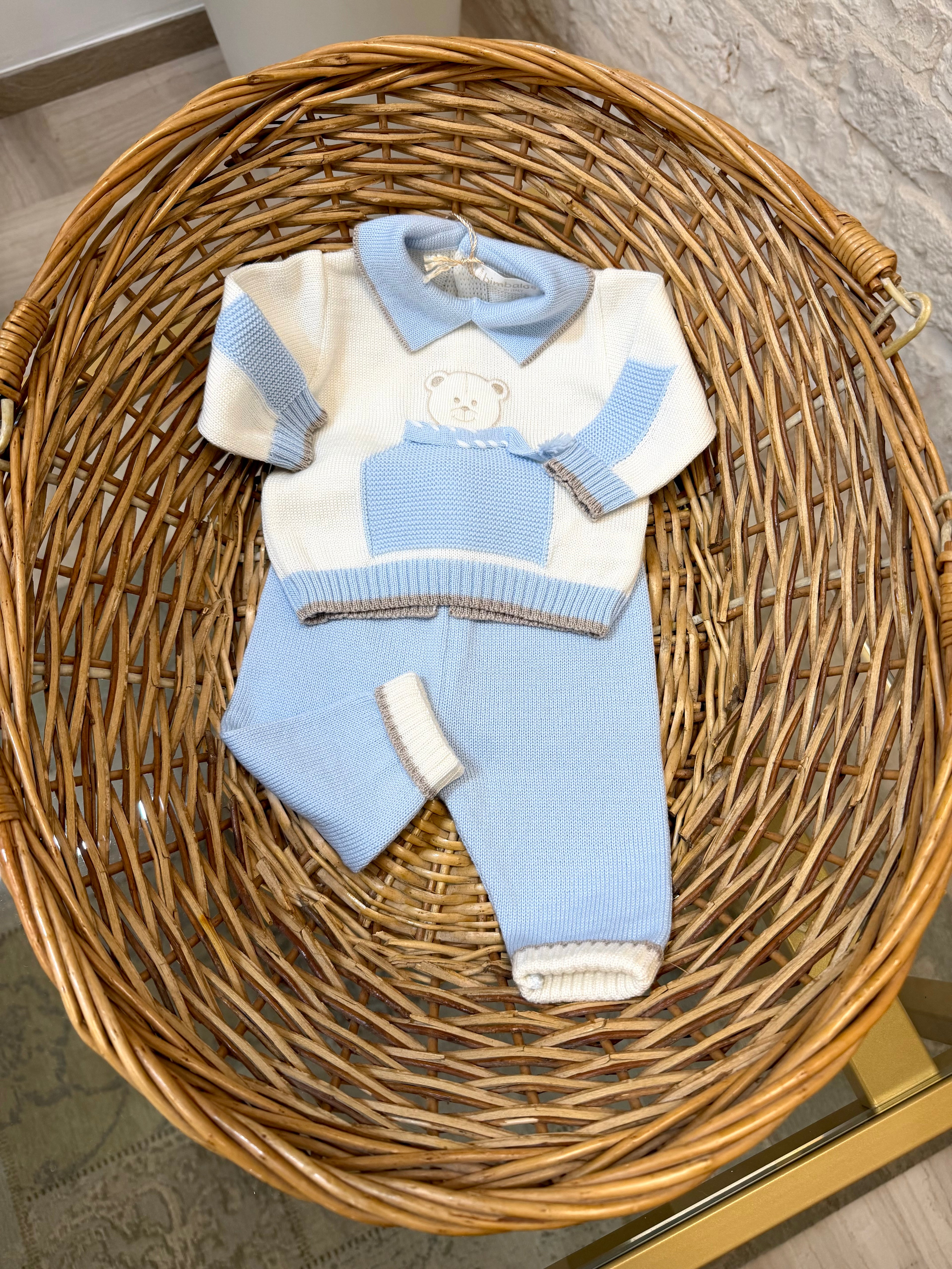 Tutina Neonato 100% Lana Bimbaló Panna e Cielo - Con Orsetto Ricamato | VIA32