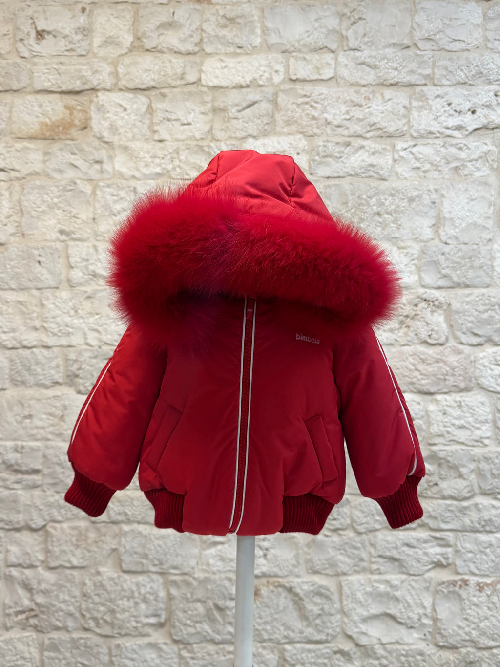 Piumino Bimbo Bimbaló Rosso Corto - Con Cappuccio Pelliccia e Scritta | VIA32