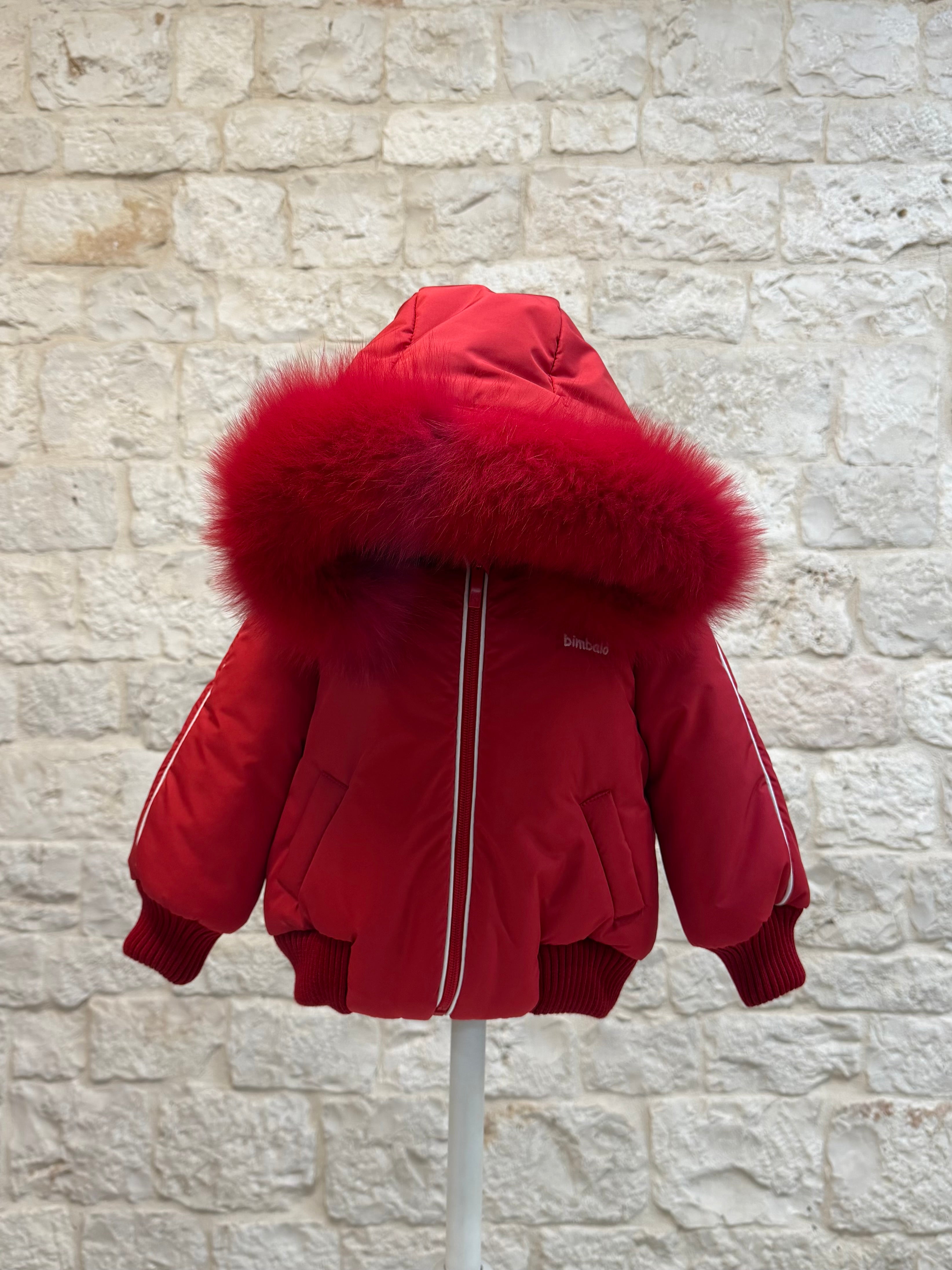 Piumino Bimbo Bimbaló Rosso Corto - Con Cappuccio Pelliccia e Scritta | VIA32