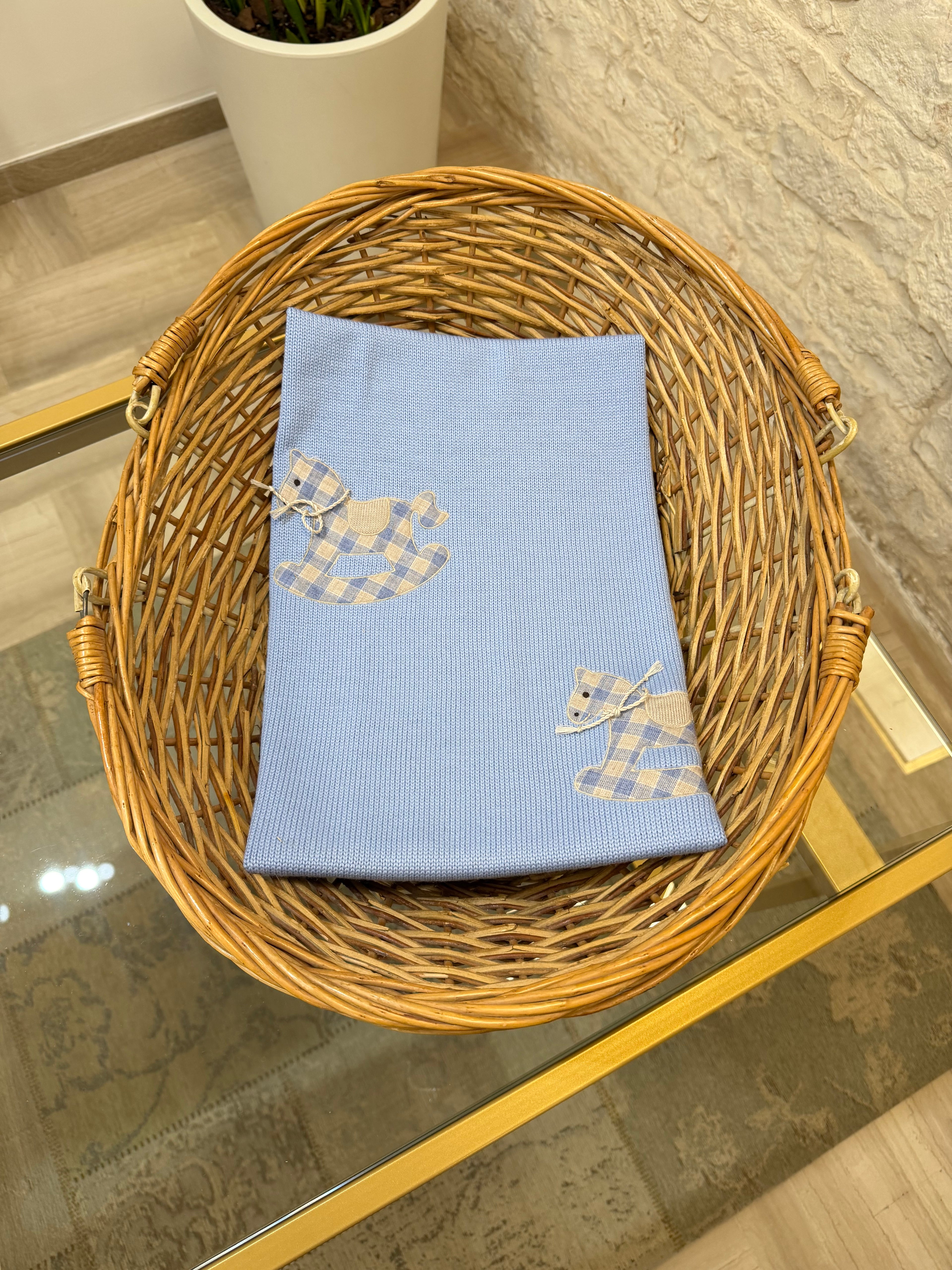 Copertina Neonato in Lana Bimbaló Azzurra con Cavalluccio - Morbida | VIA32