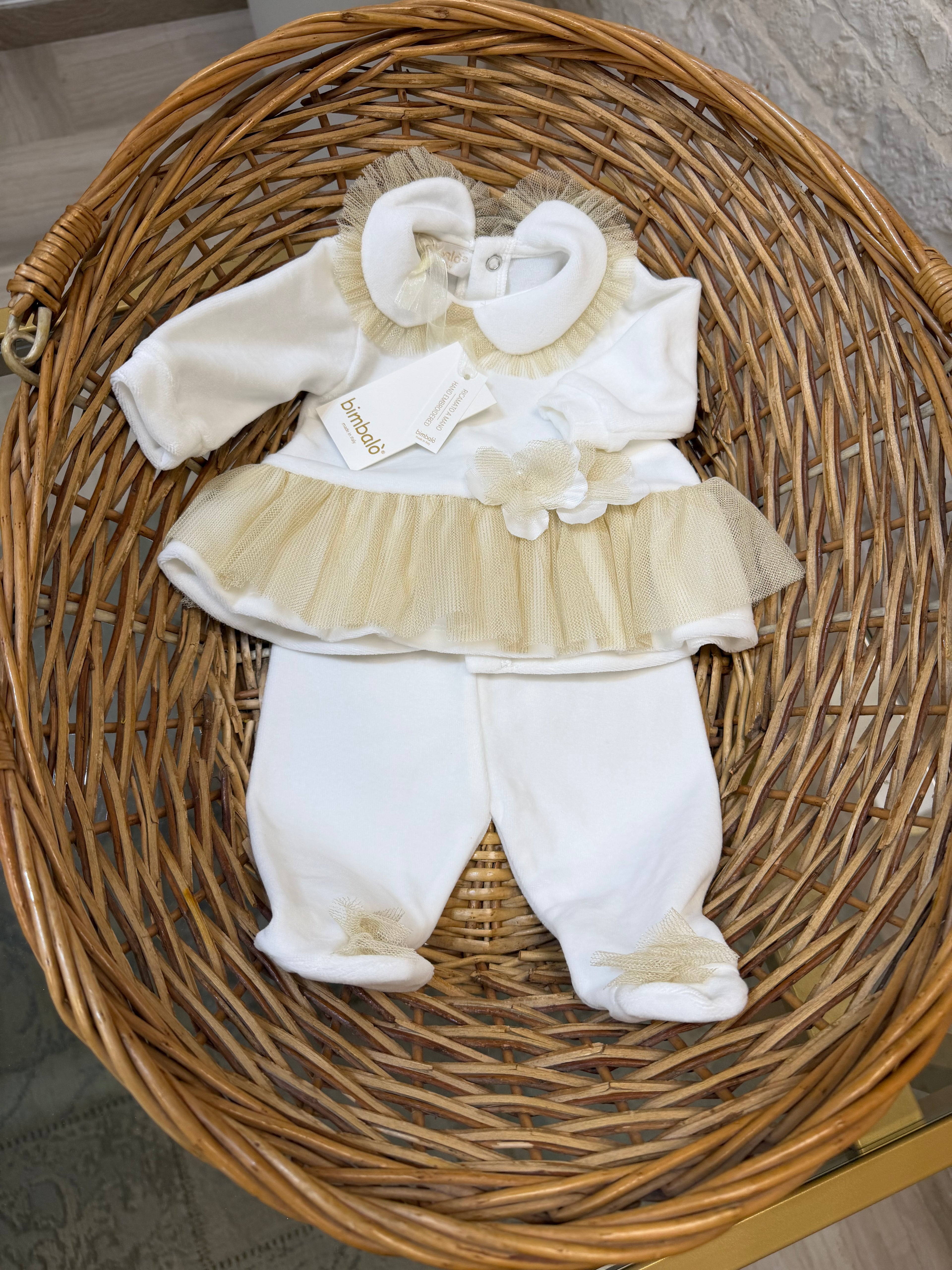Completino Neonata in Ciniglia Bimbaló Bianco - Set 2 Pezzi con Tulle | VIA32