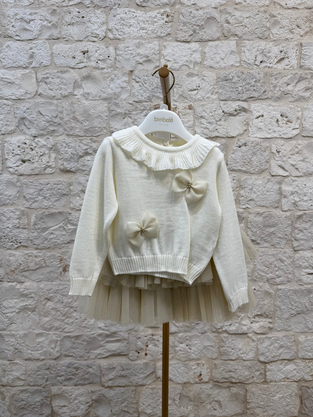 Completino Bimba Bimbaló Panna - Maglia con Fiocco e Gonna Tulle | VIA32