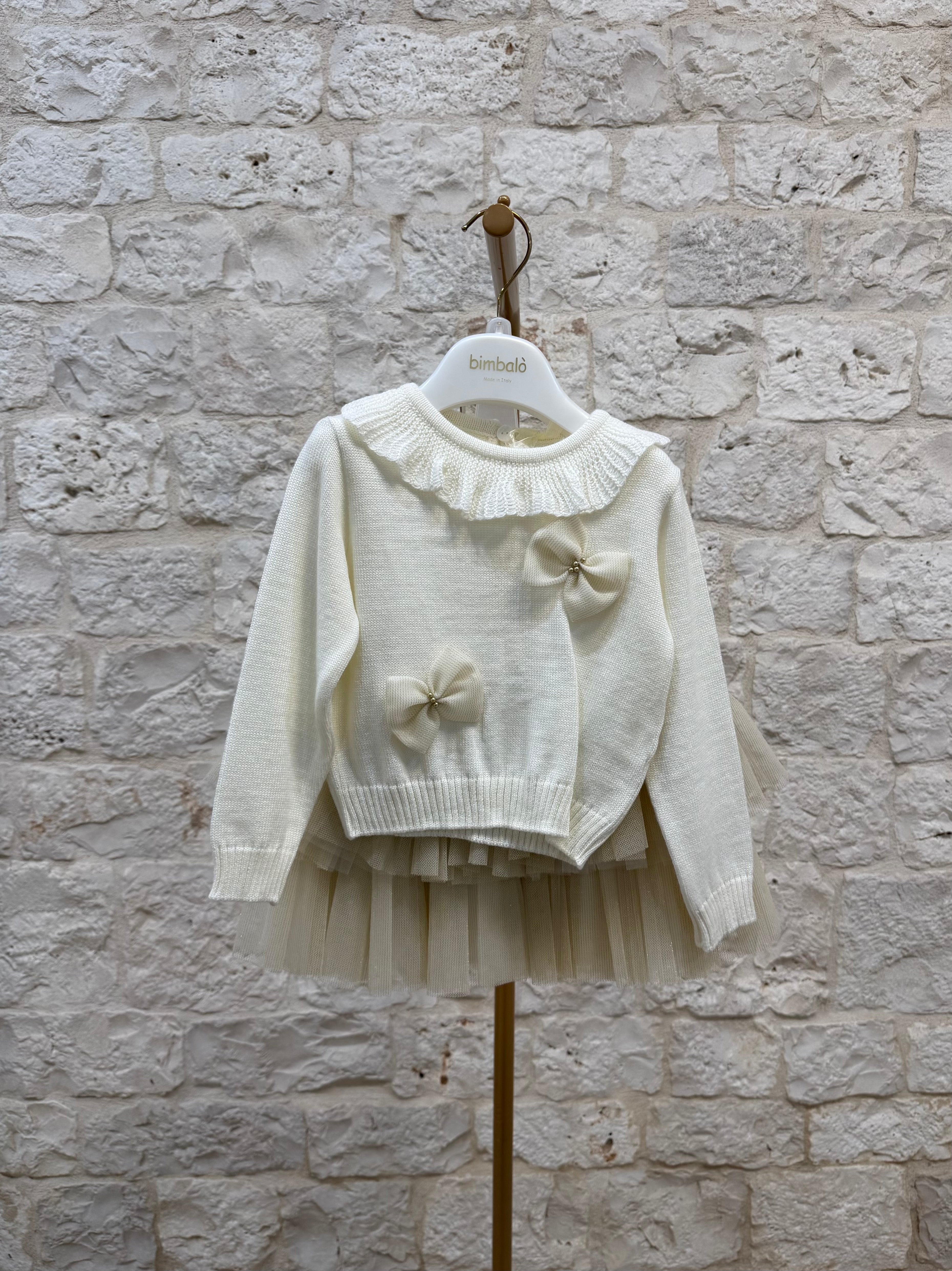 Completino Bimba Bimbaló Panna - Maglia con Fiocco e Gonna Tulle | VIA32