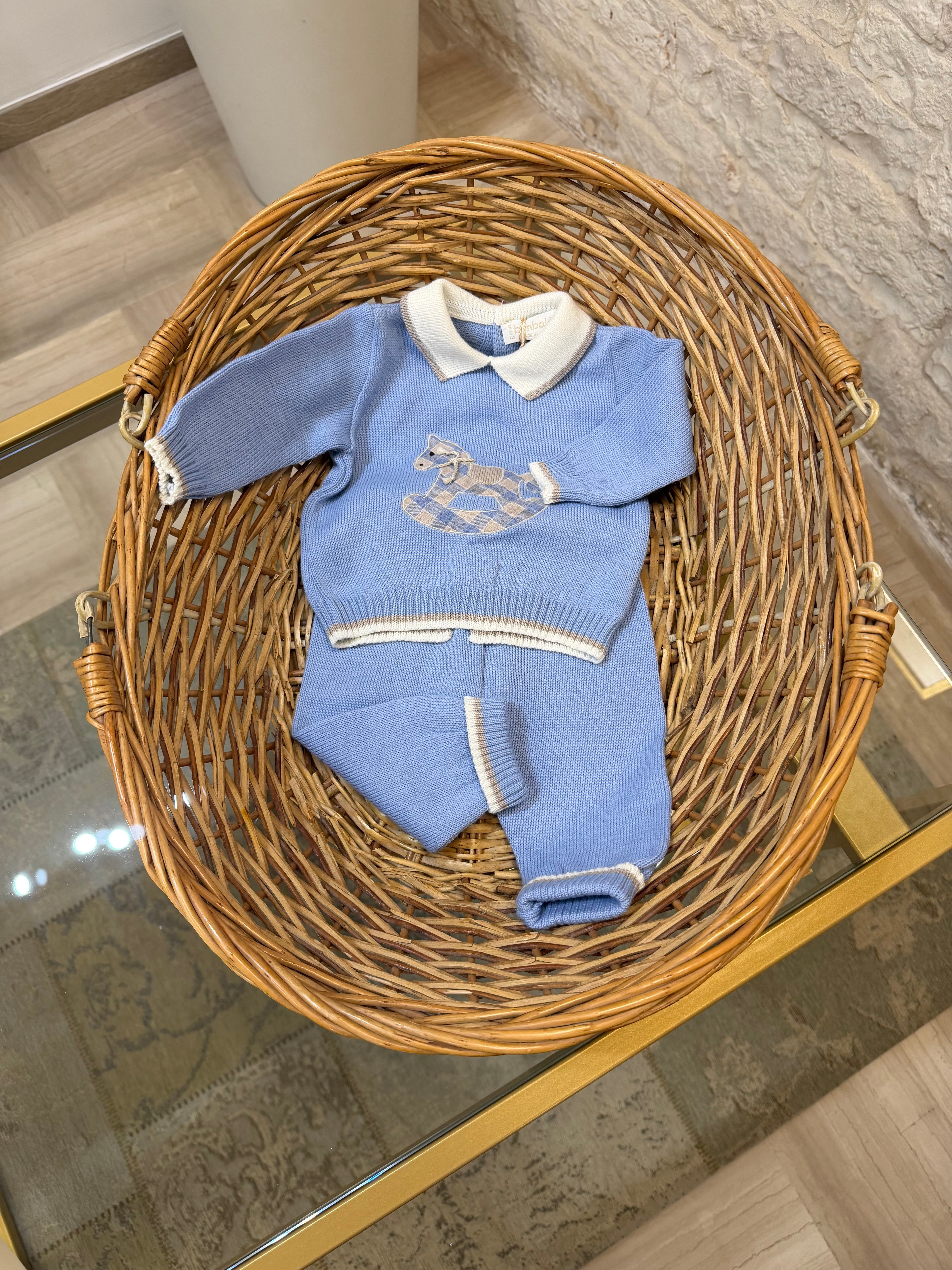 Completino Neonato in Lana Bimbaló Azzurro - Set 2 Pezzi con Cavalluccio | VIA32