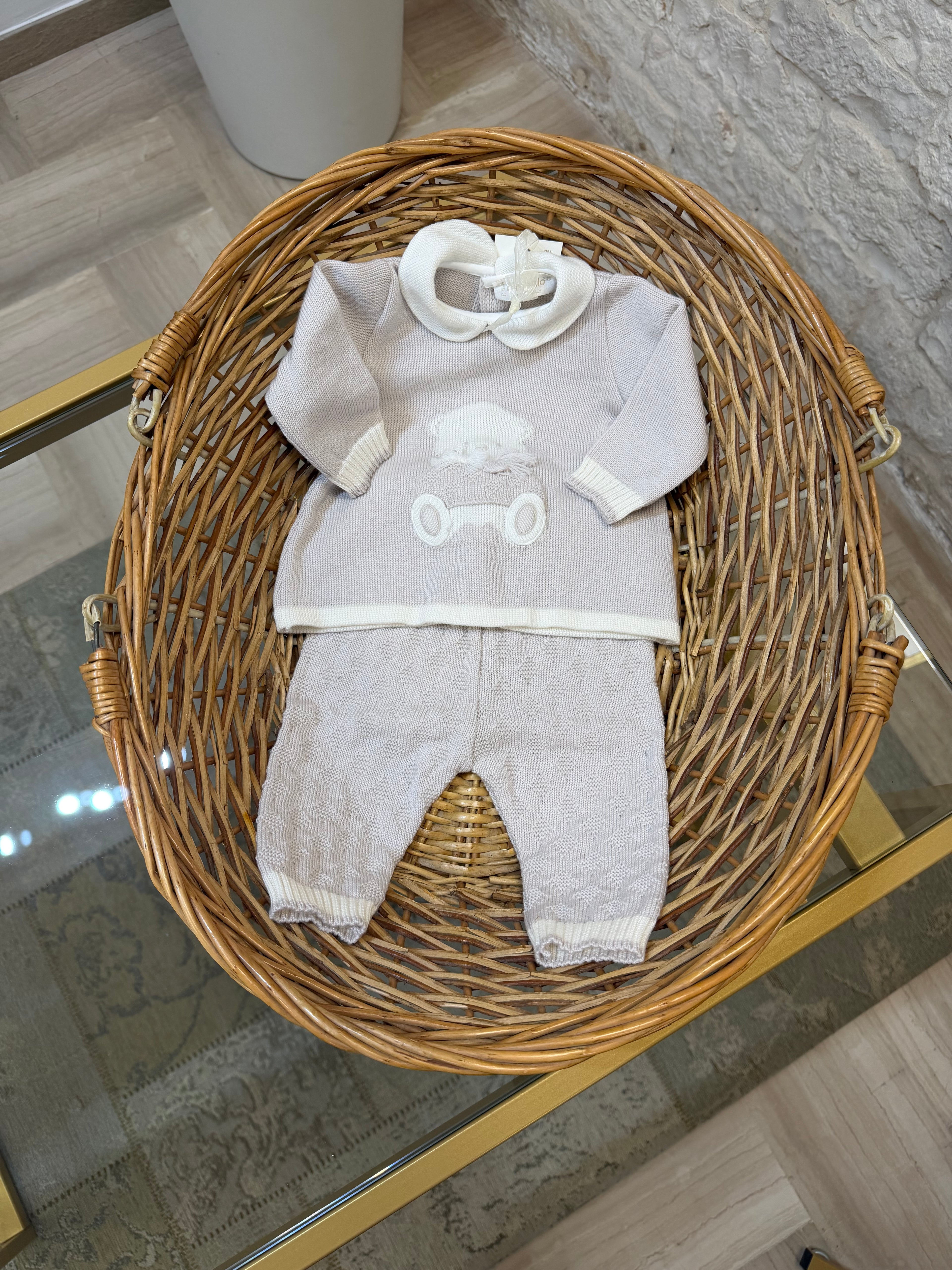 Completino Neonata 100% Lana Bimbaló Beige con Orsetto - Set 2 Pezzi | VIA32