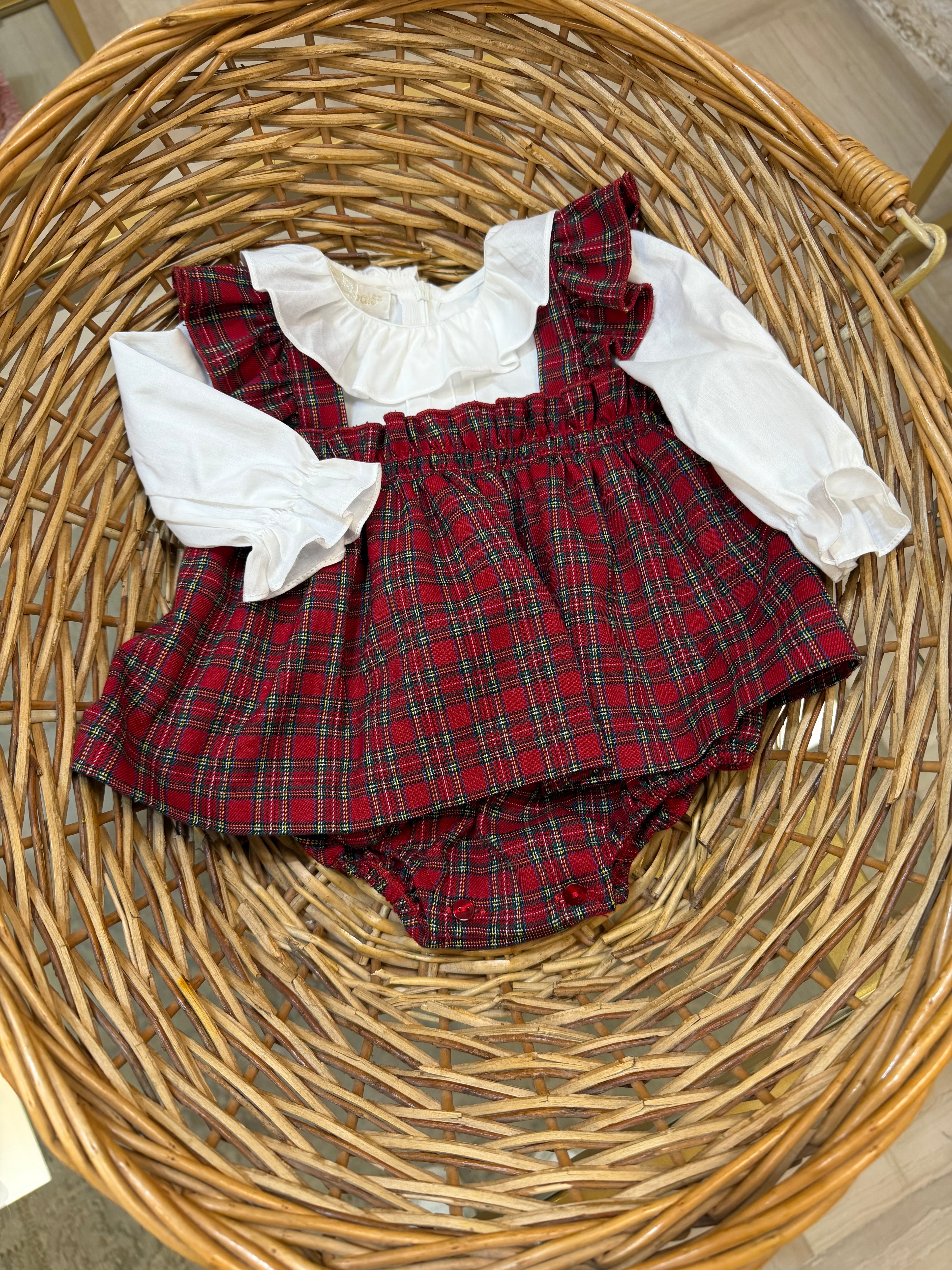 Pagliaccetto neonata tartan con camicetta Bimbaló | VIA32