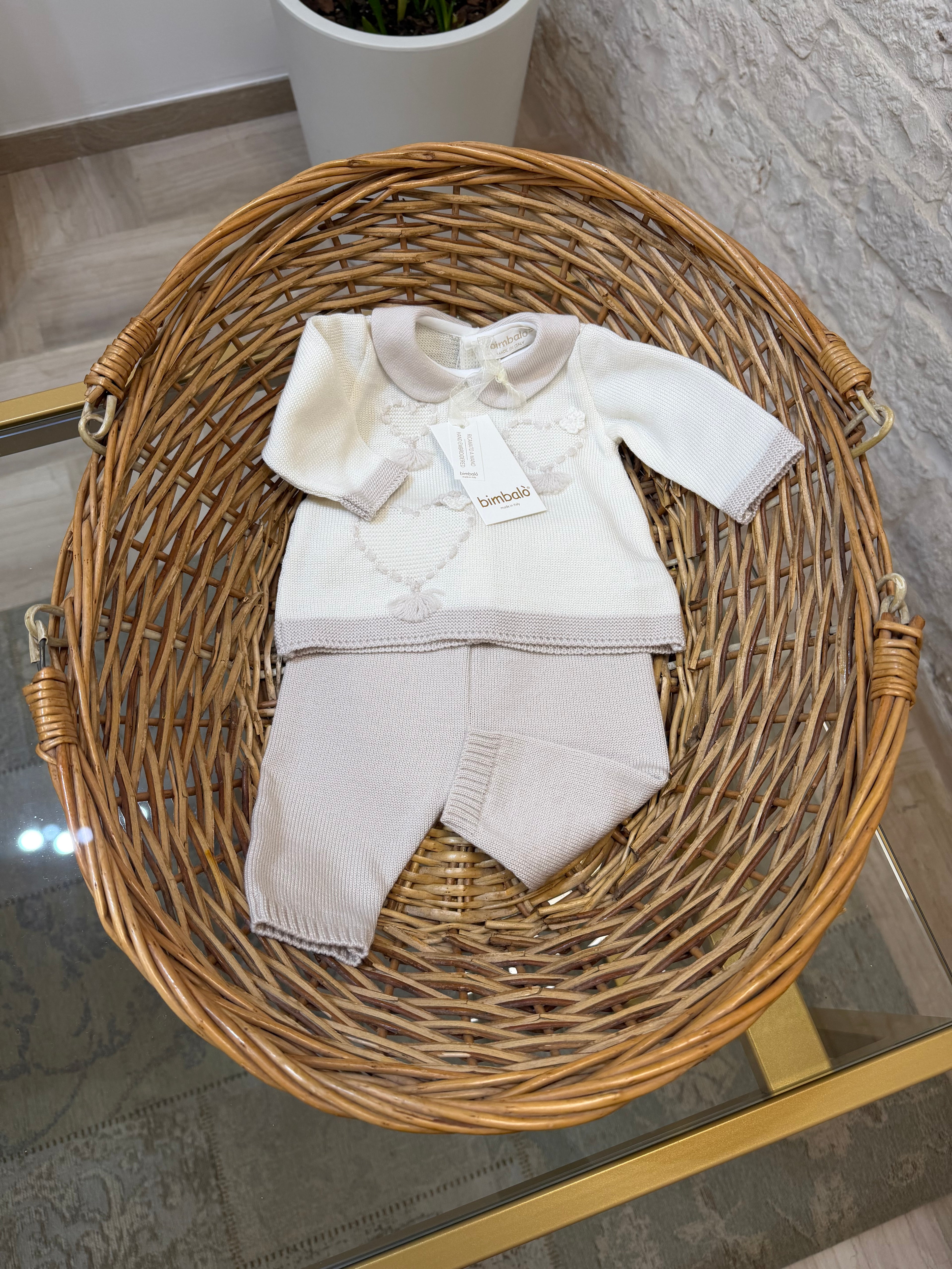 Completino Neonata 100% Lana Bimbaló Panna - Set 2 Pezzi con Ricami | VIA32