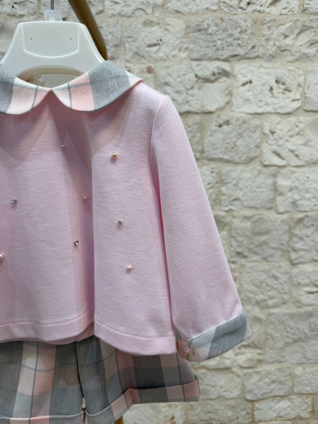 Completino Bimba Bimbaló Rosa a Quadri - Maglia con Perline e Pantaloncino | VIA32