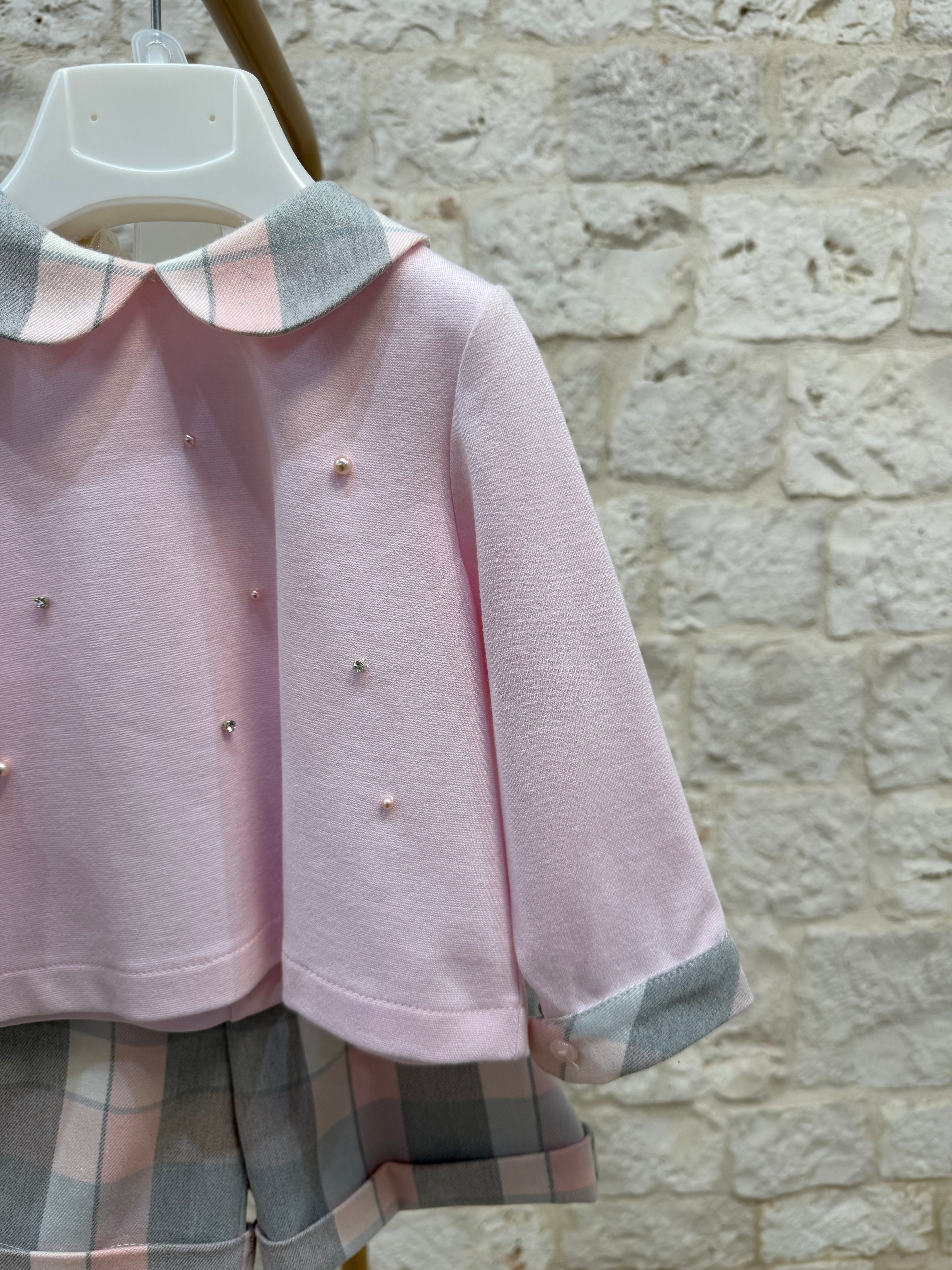 Completino Bimba Bimbaló Rosa a Quadri - Maglia con Perline e Pantaloncino | VIA32