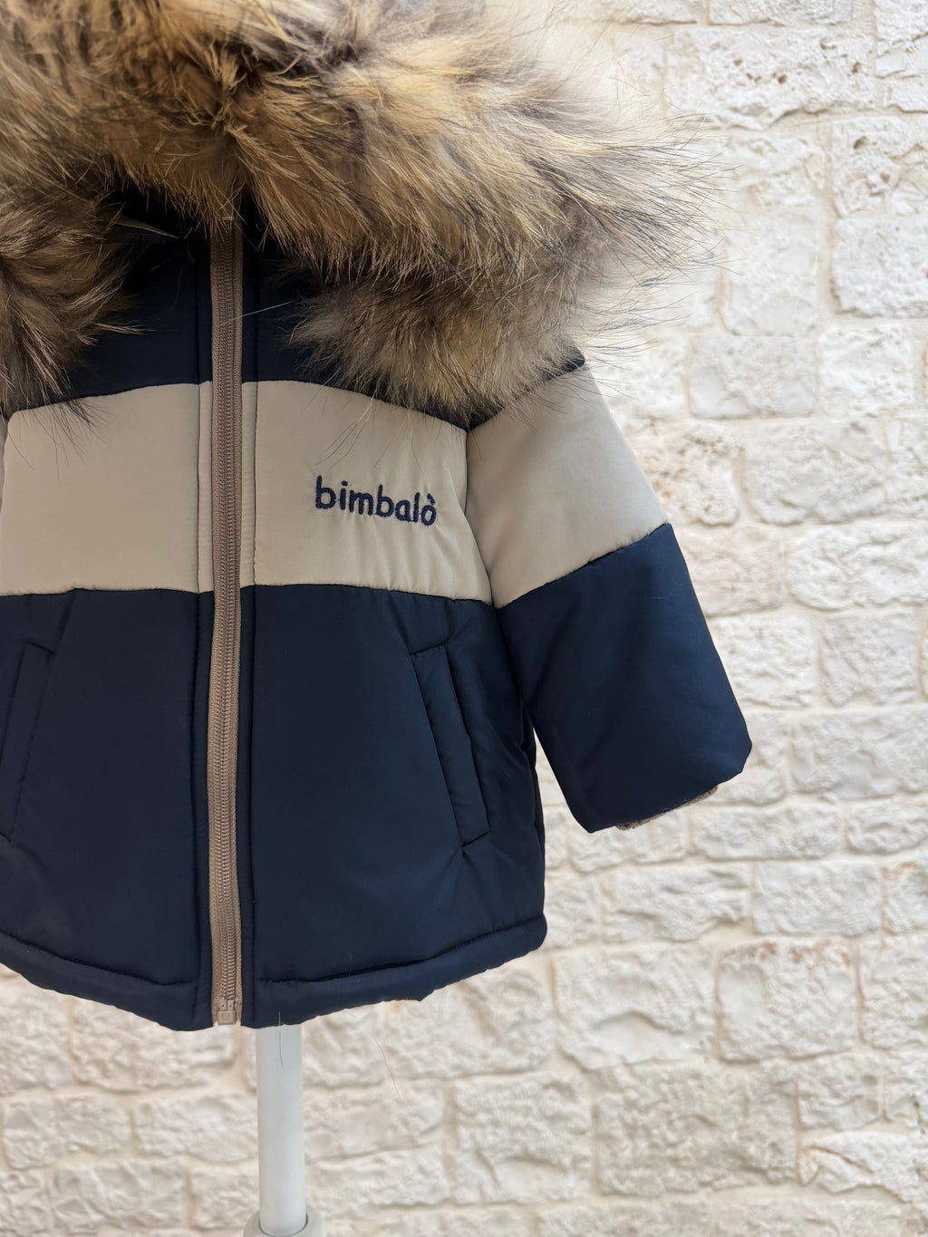 Piumino Bimbo Bimbaló Blu e Tortora con Scritta - Con Pelliccia | VIA32