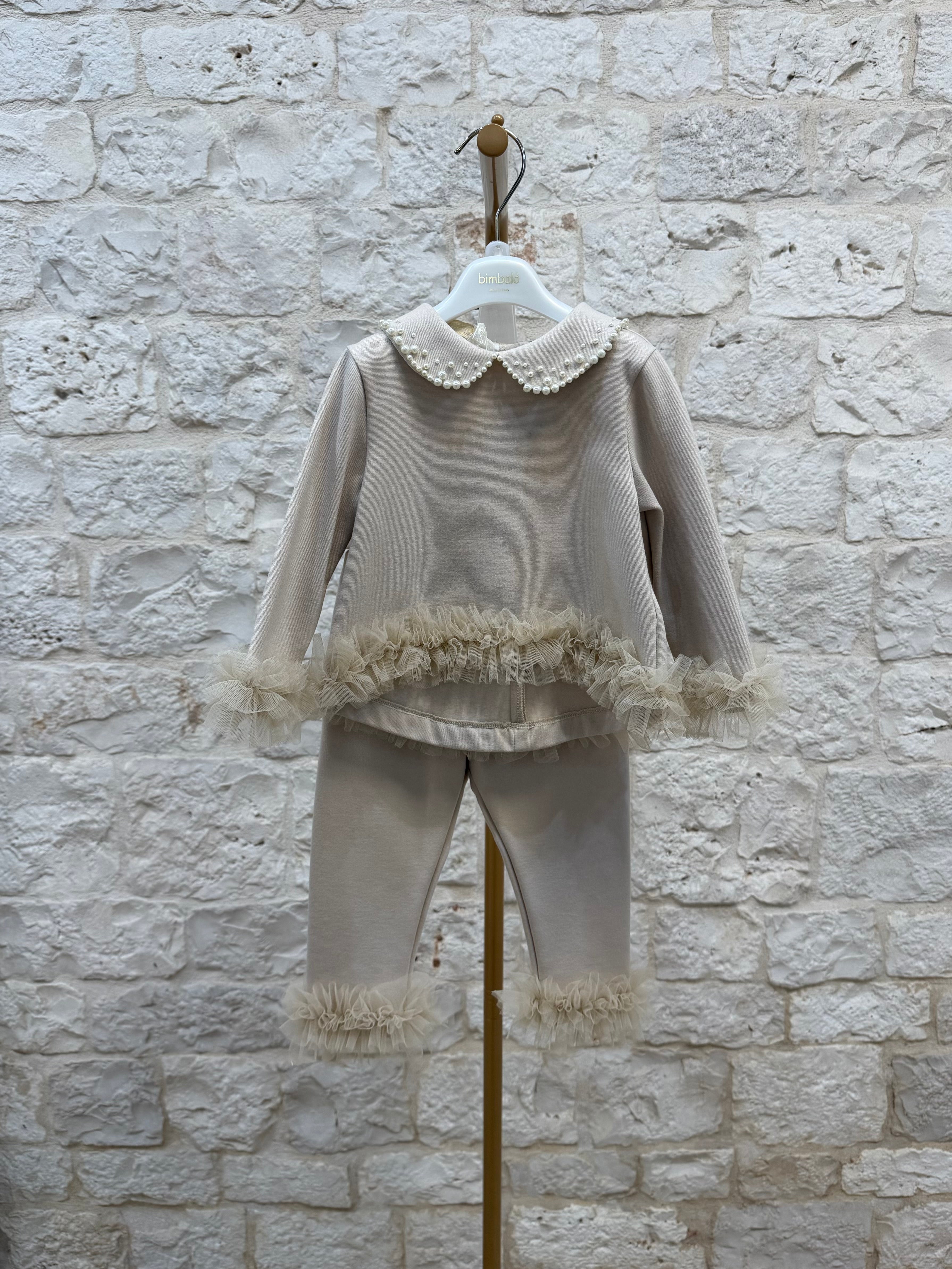 Completino Bimba Bimbaló Beige - Felpa e Leggins con Tulle | VIA32