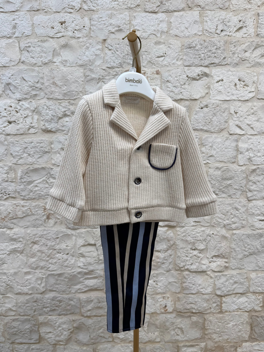 Completino Bimbo Bimbaló Beige con Righe - Cardigan Camicia Pantalone | VIA32