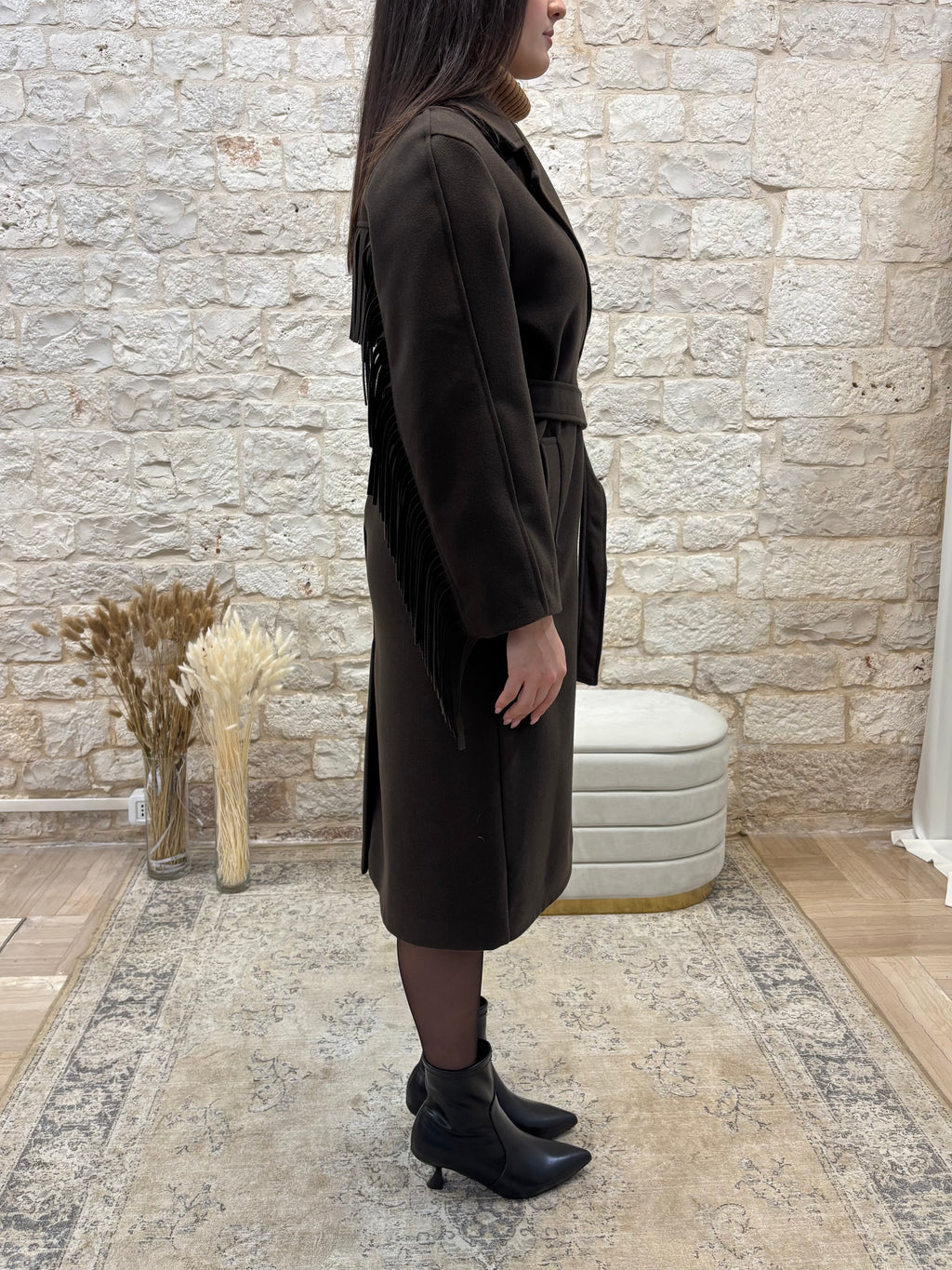 Cappotto Lungo con Frange Kontatto Testa di Moro - Con Cinta | VIA32