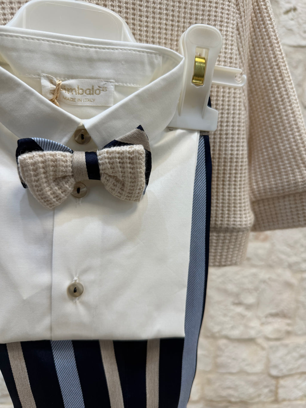 Completino Bimbo Bimbaló Beige con Righe - Cardigan Camicia Pantalone | VIA32