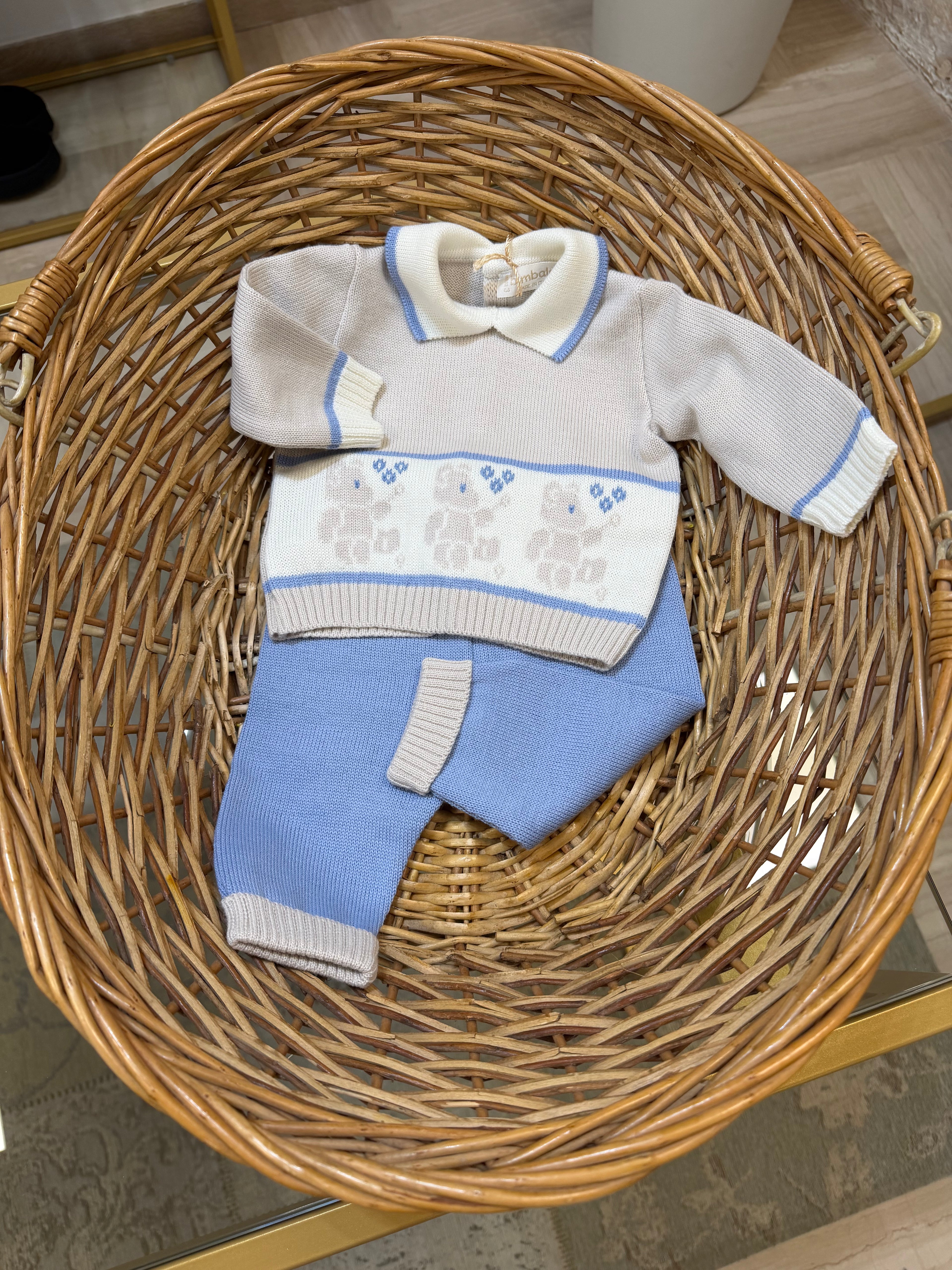 Completino Neonato in Lana Bimbaló Beige e Azzurro - Set 2 Pezzi | VIA32
